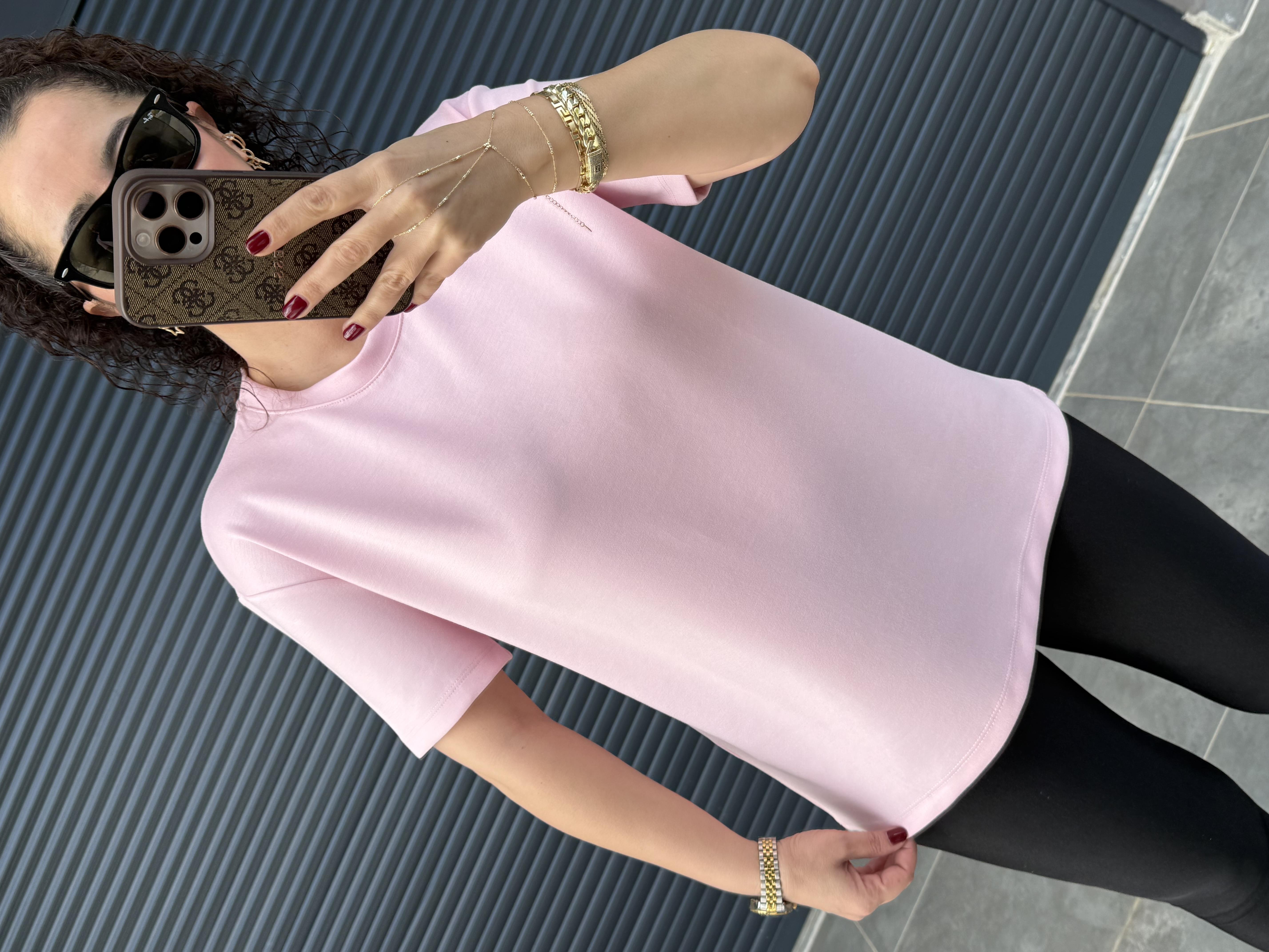 Modal Kumaş Bisiklet Yaka Basic T-Shirt Pembe