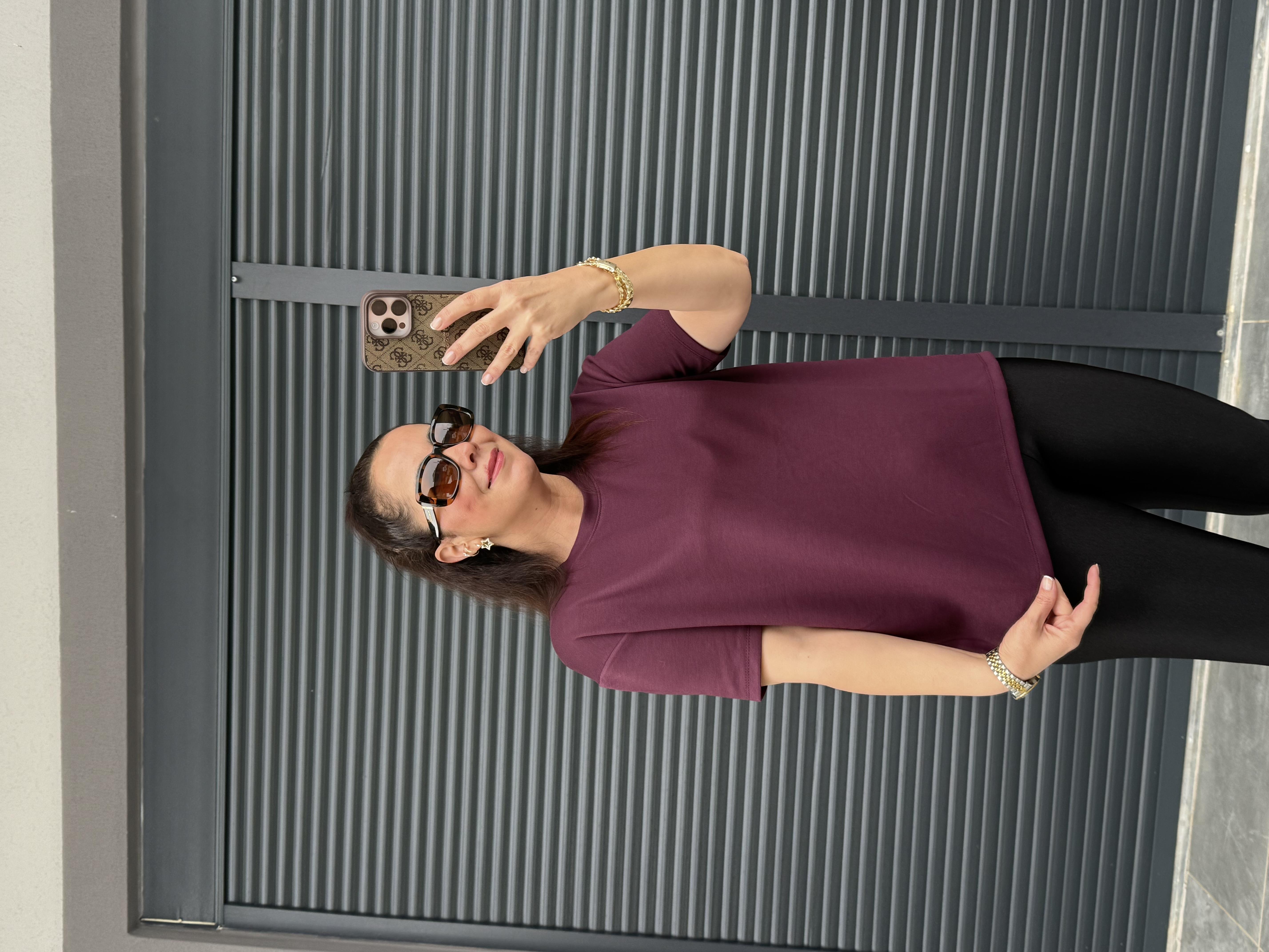 Modal Kumaş Bisiklet Yaka Basic T-Shirt Mürdüm