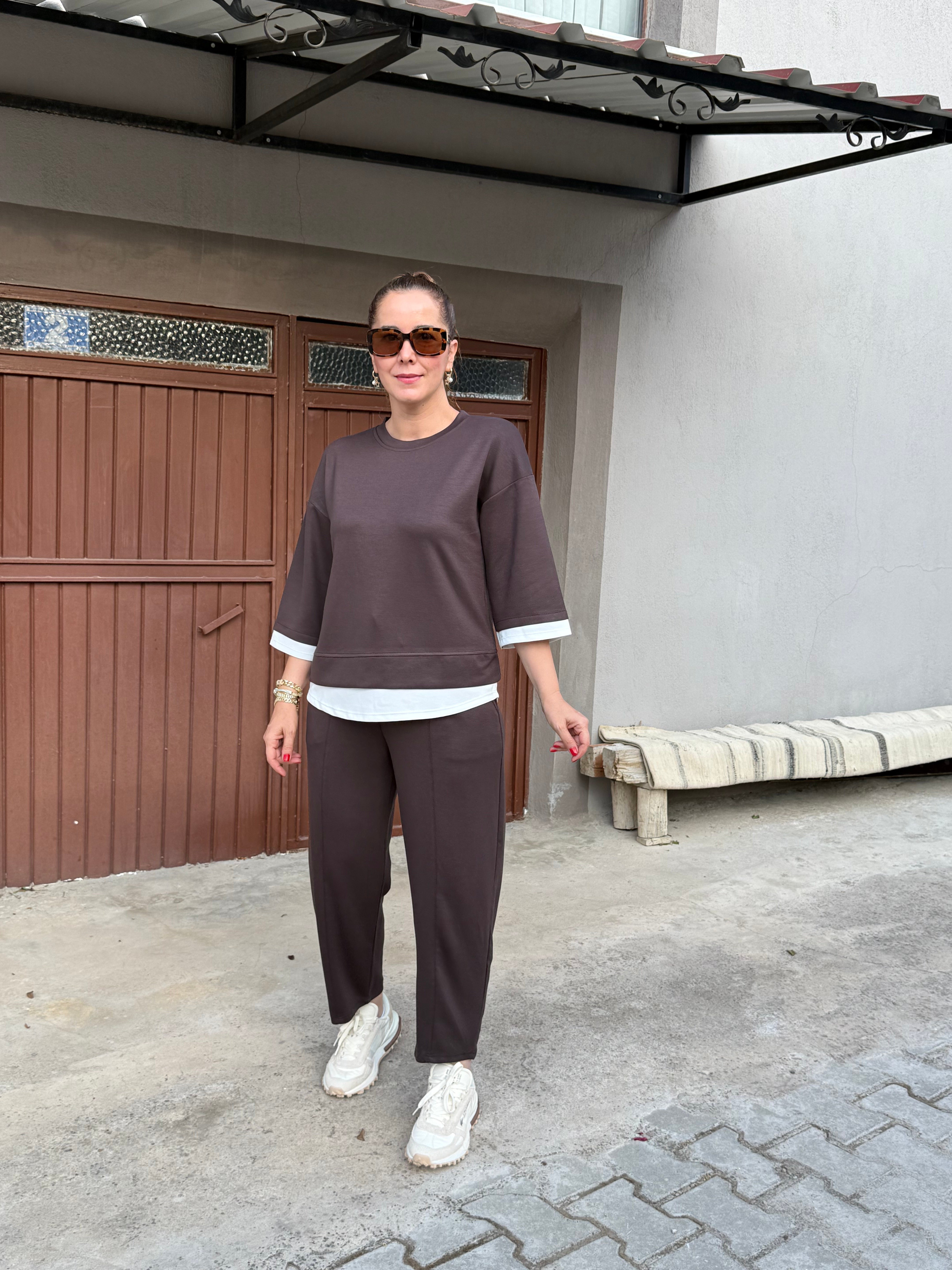 Modal Kumaş Garnili Şalvar Pantolonlu Takım Acı Kahve