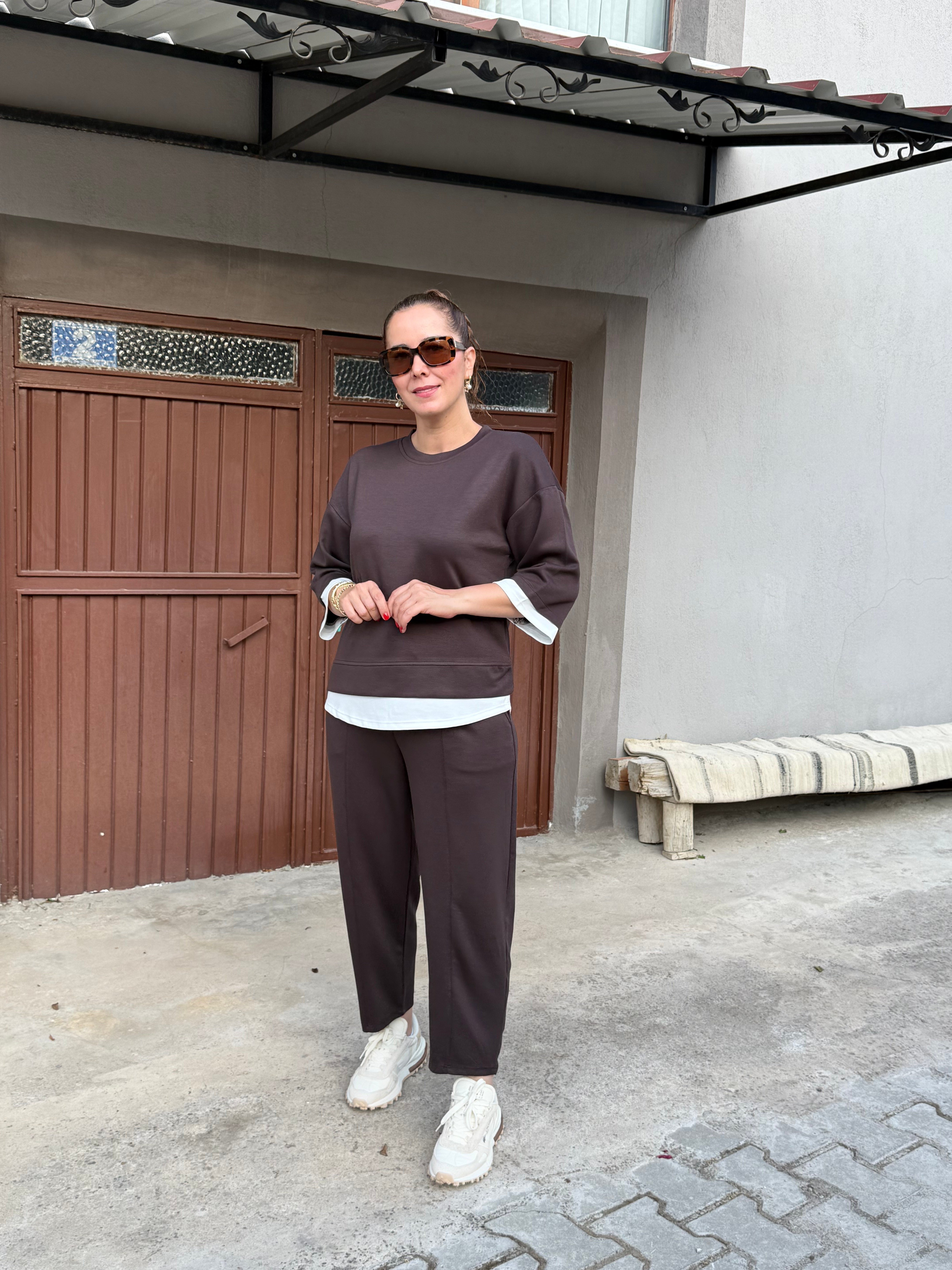 Modal Kumaş Garnili Şalvar Pantolonlu Takım Acı Kahve