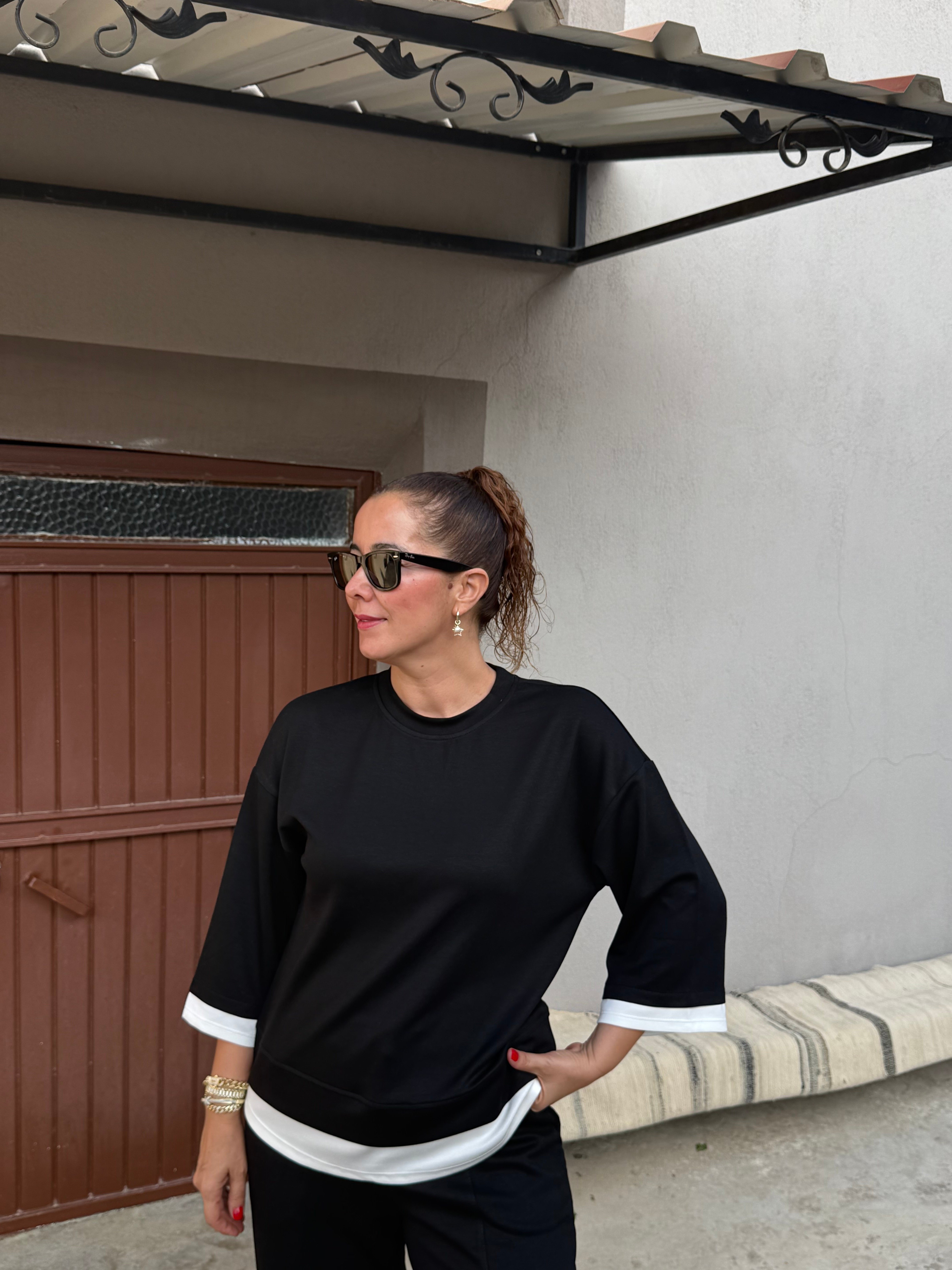 Modal Kumaş Garnili Şalvar Pantolonlu Takım Siyah