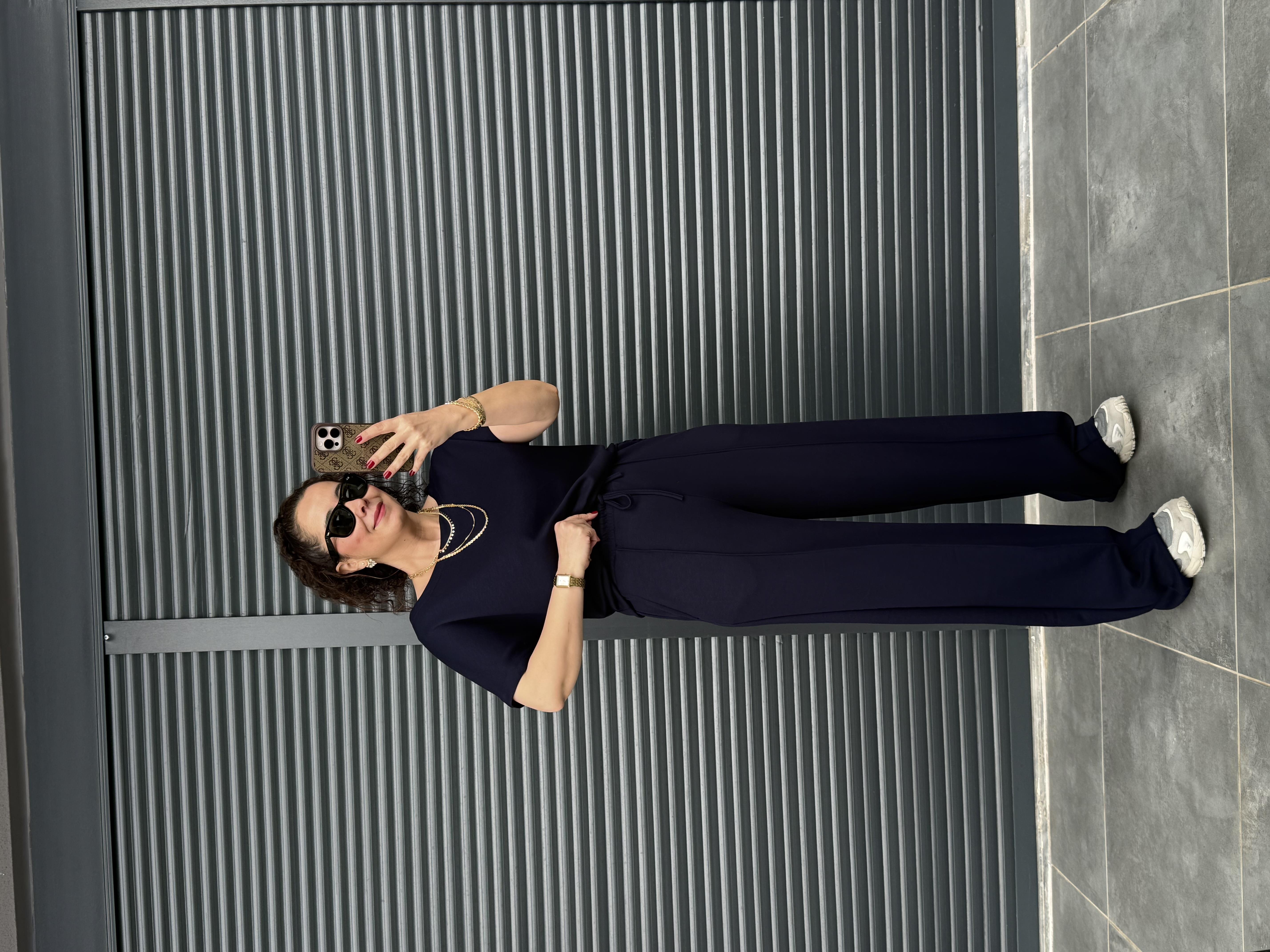 Modal Kumaş Kayık Yaka T-Shirt Pantolon Takım Lacivert