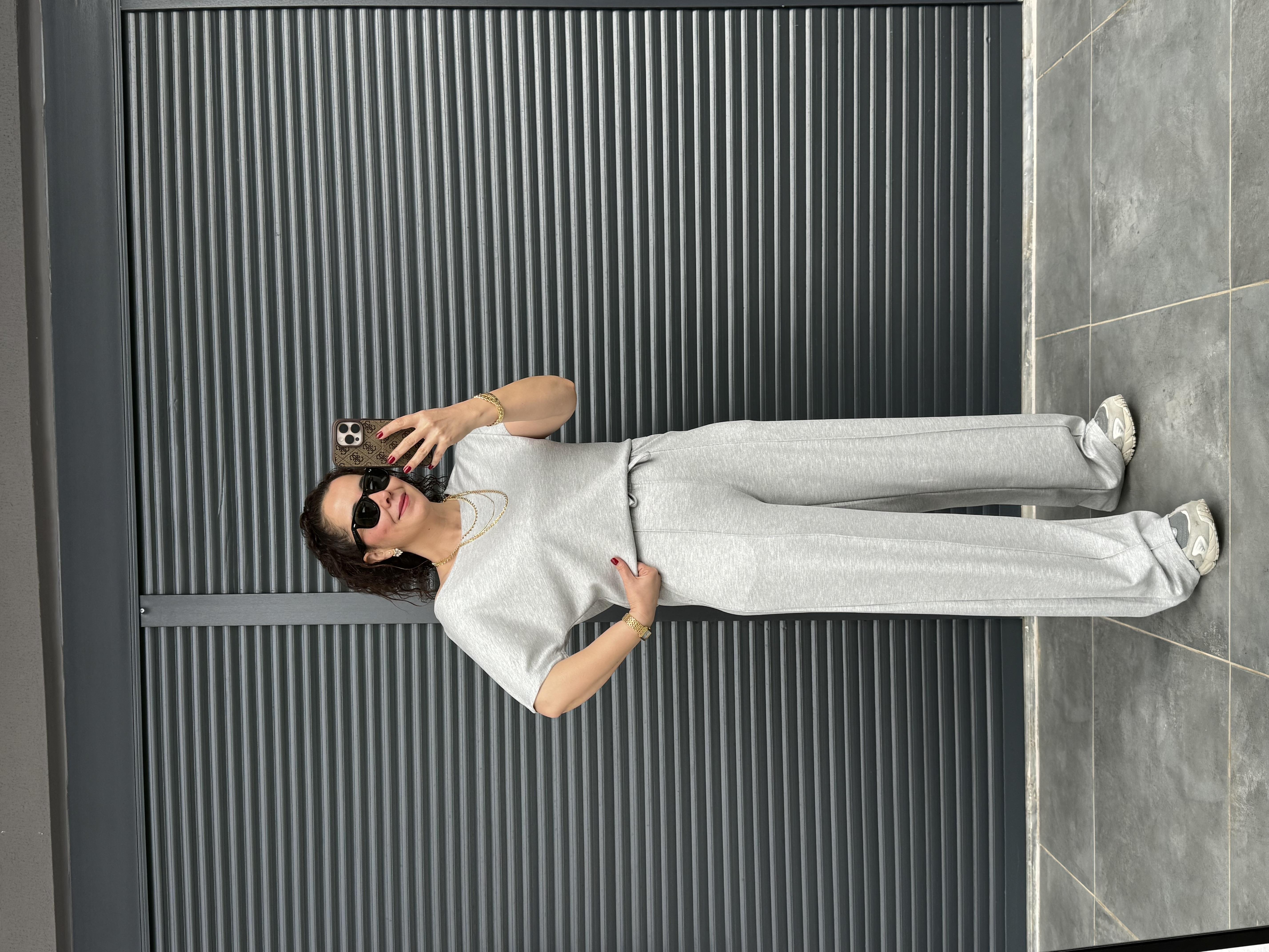 Modal Kumaş Kayık Yaka T-Shirt Pantolon Takım Gri