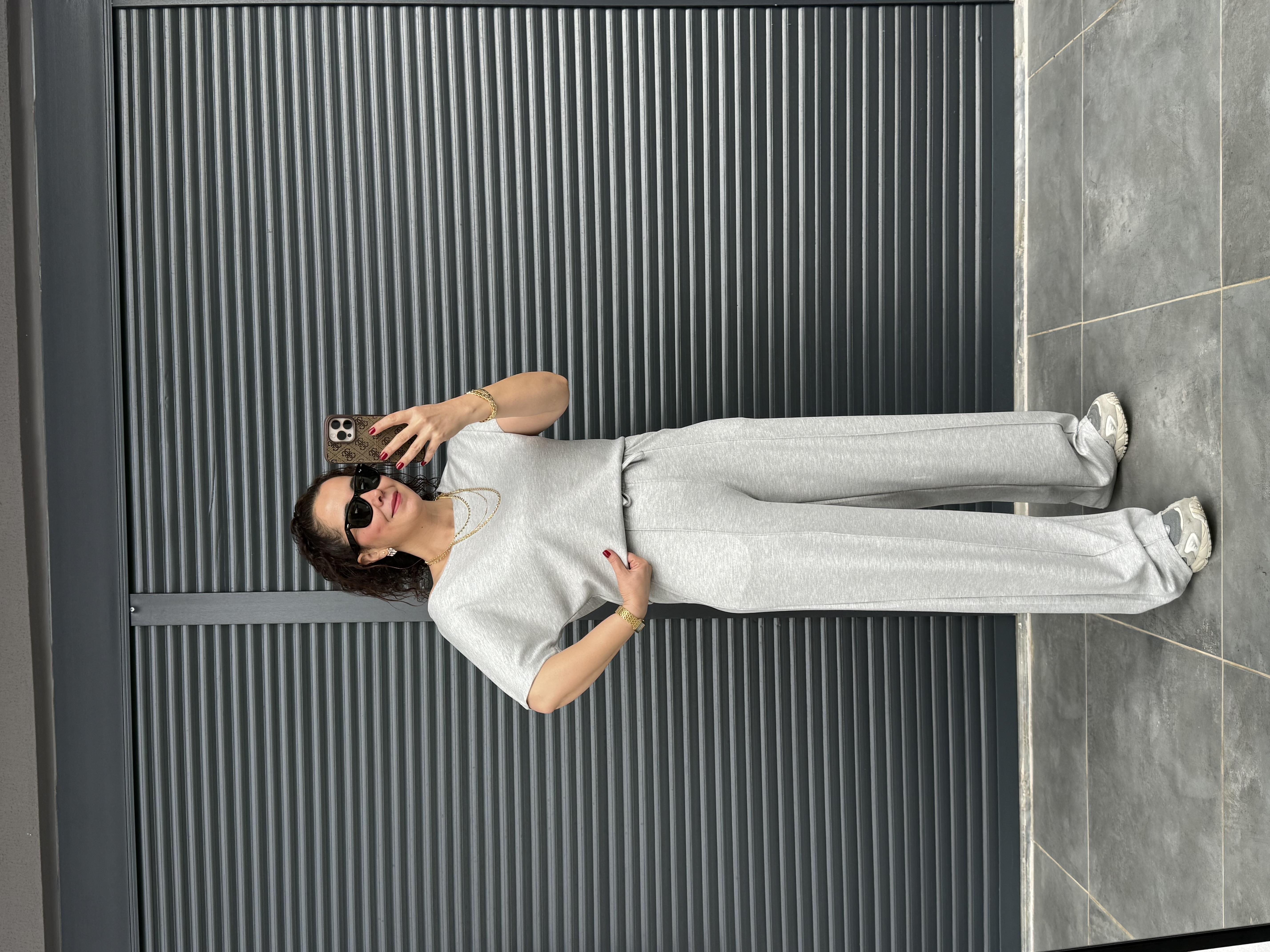 Modal Kumaş Kayık Yaka T-Shirt Pantolon Takım Gri