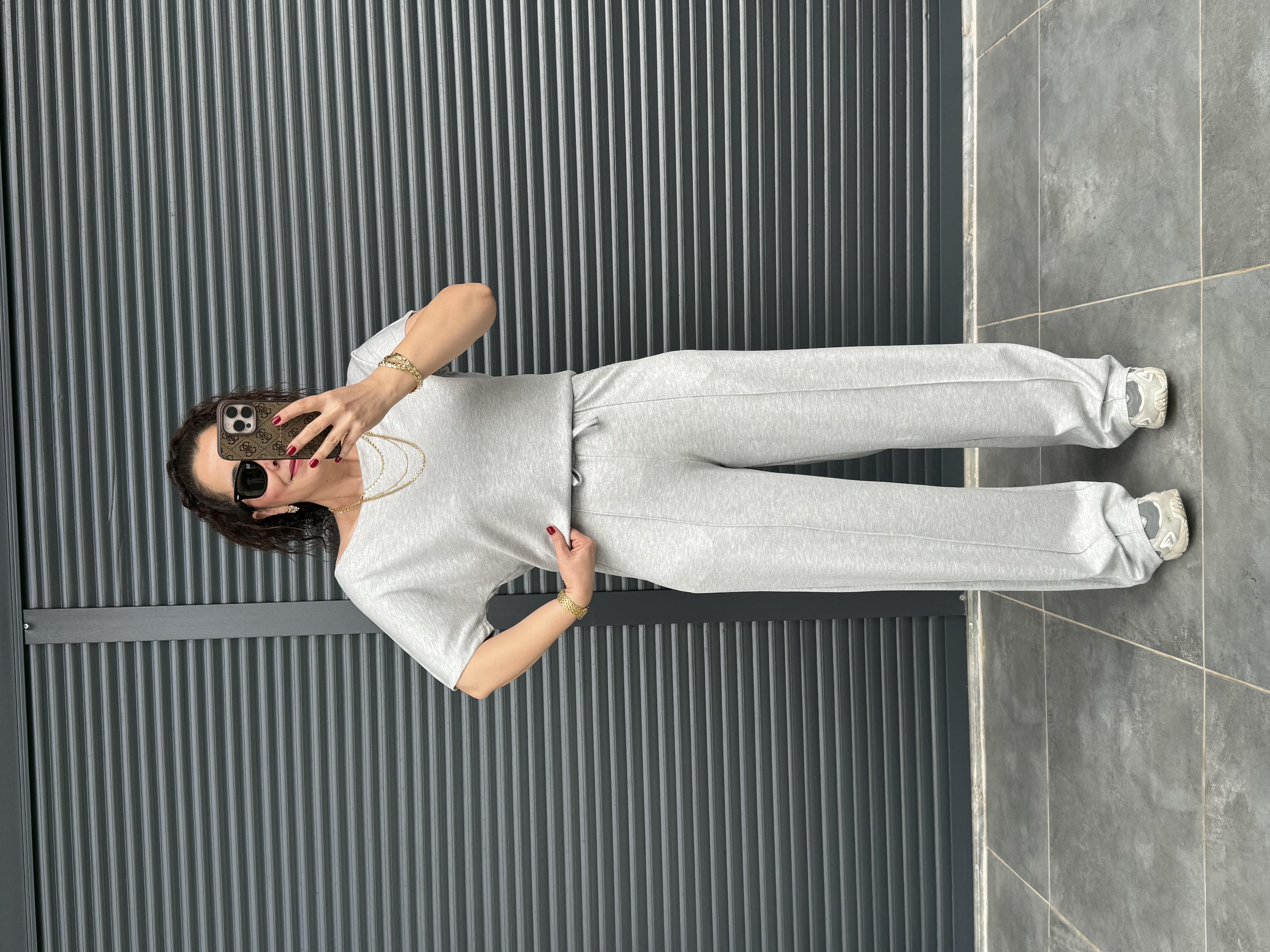 Modal Kumaş Kayık Yaka T-Shirt Pantolon Takım Gri