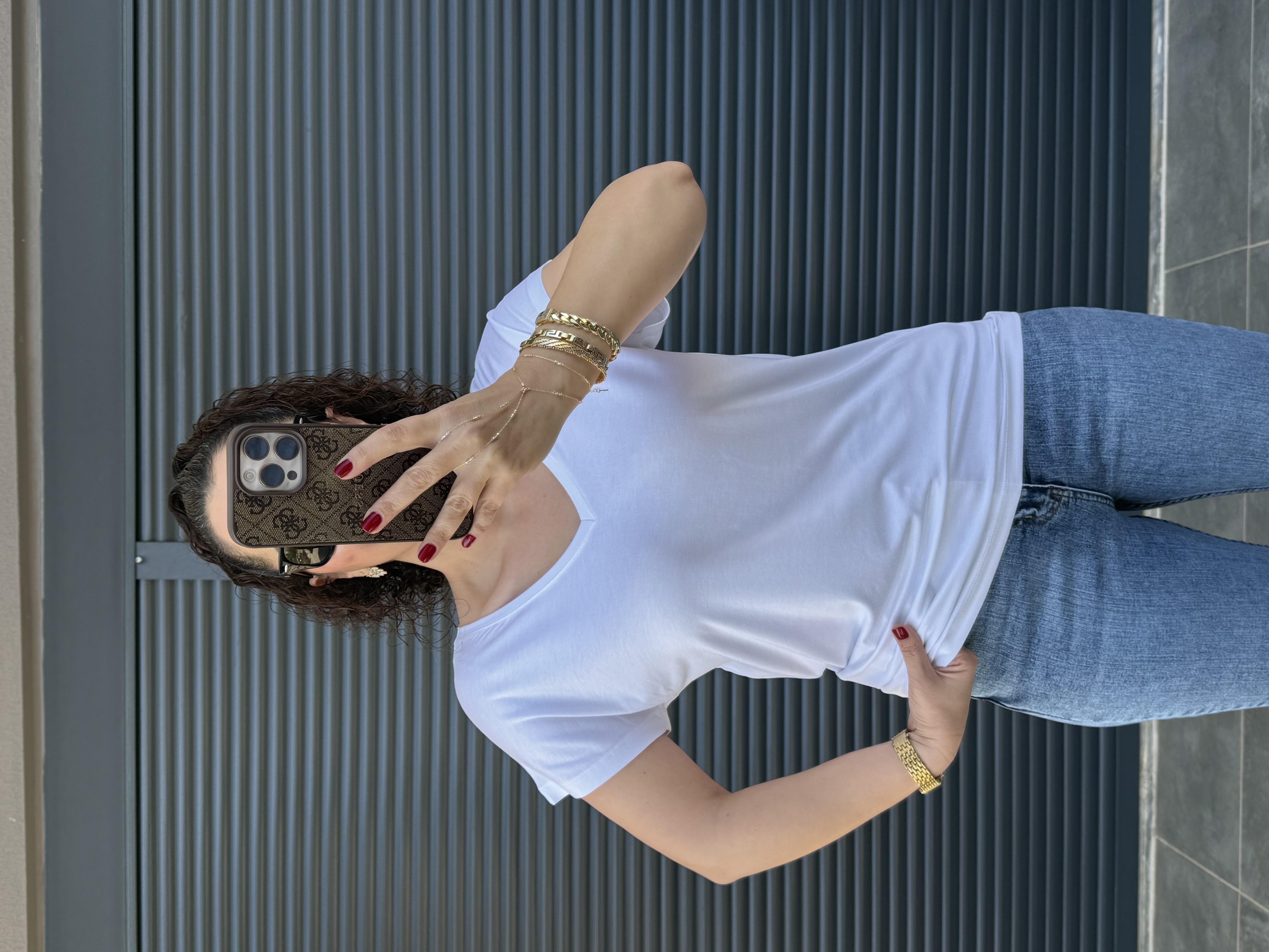 Modal Kumaş Ön Arka V Yaka T-Shirt  Beyaz