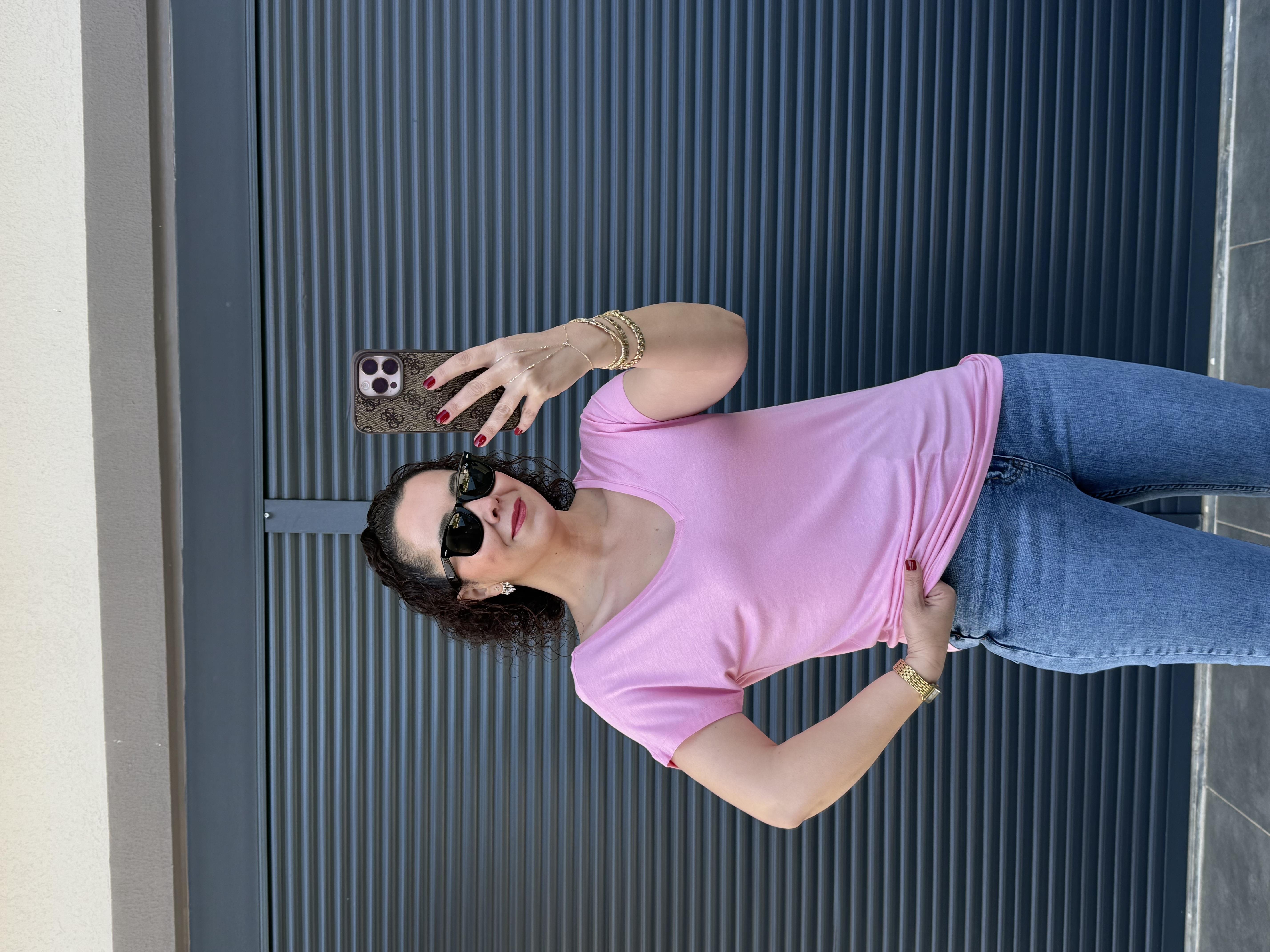 Modal Kumaş Ön Arka V Yaka T-Shirt Pembe