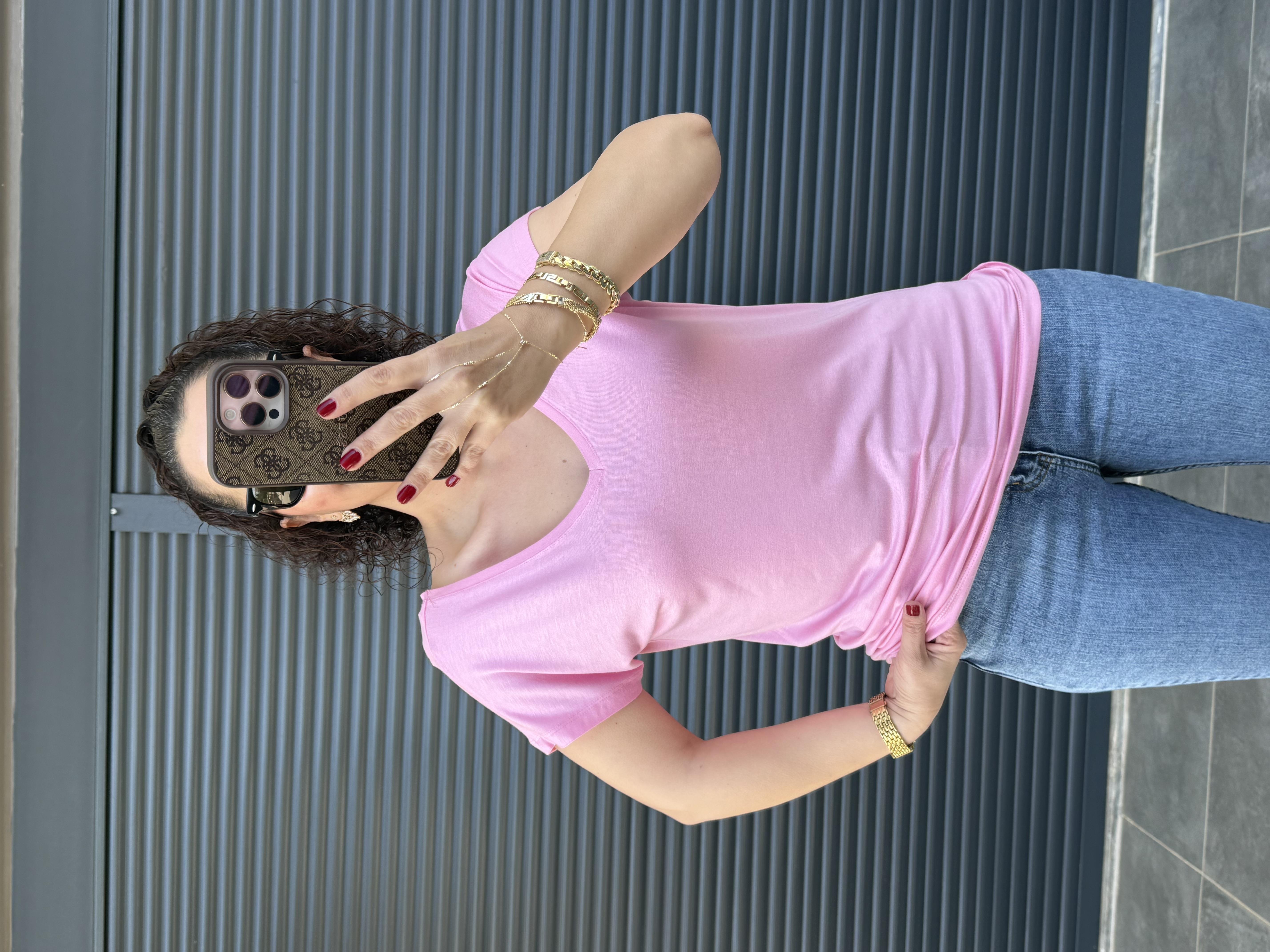 Modal Kumaş Ön Arka V Yaka T-Shirt Pembe