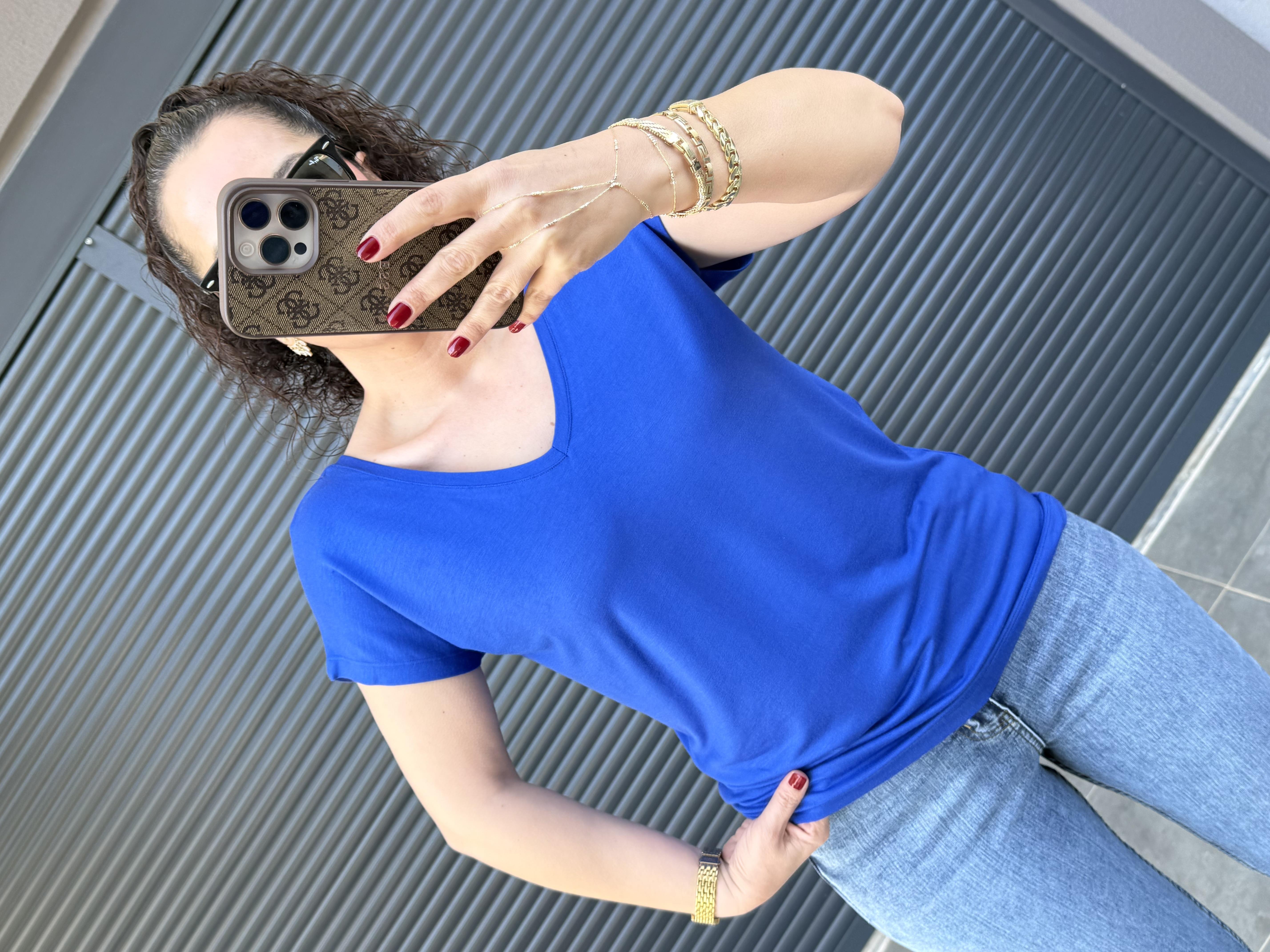 Modal Kumaş Ön Arka V Yaka T-Shirt  Saks Mavi
