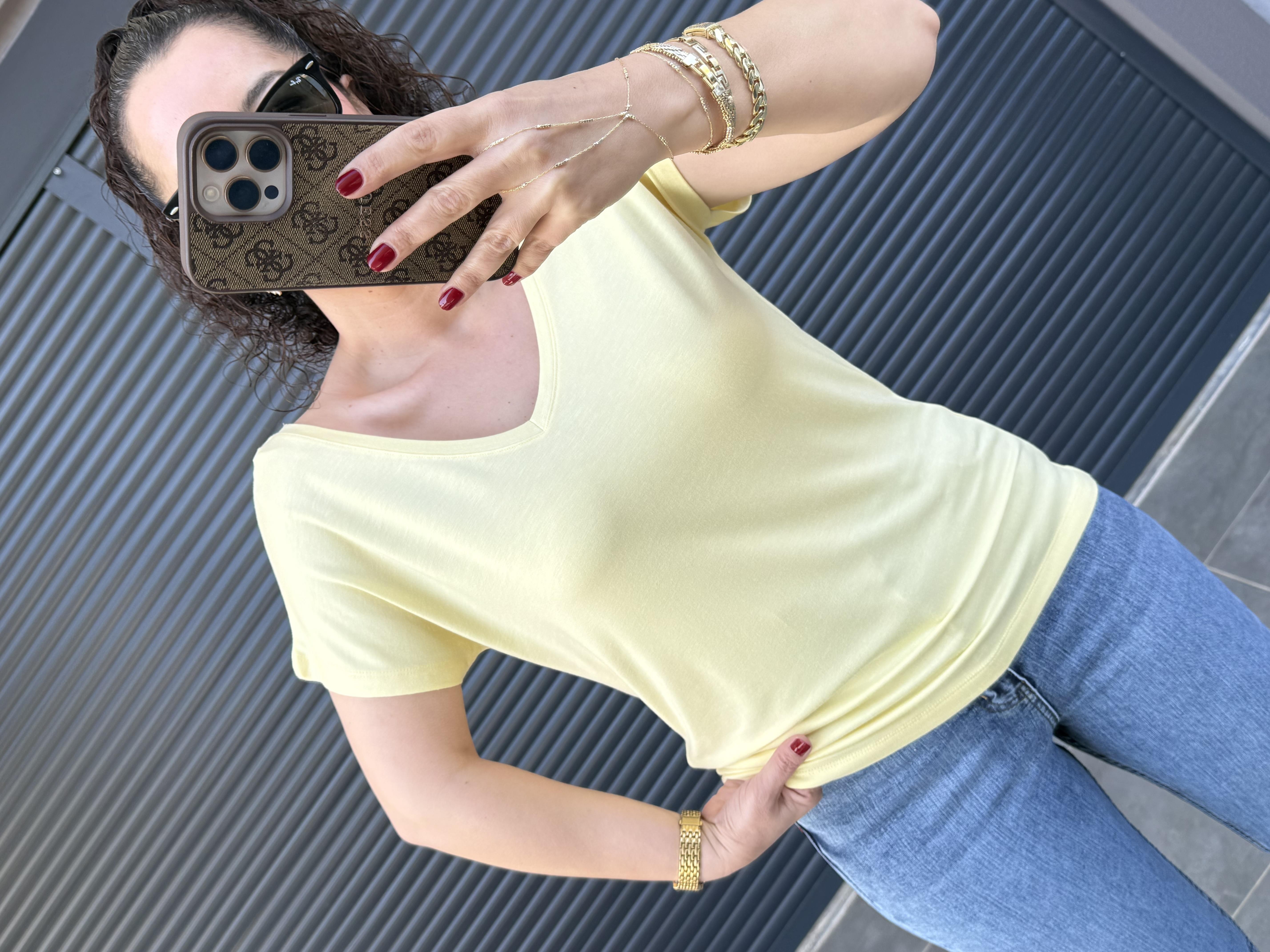 Modal Kumaş Ön Arka V Yaka T-Shirt Sarı