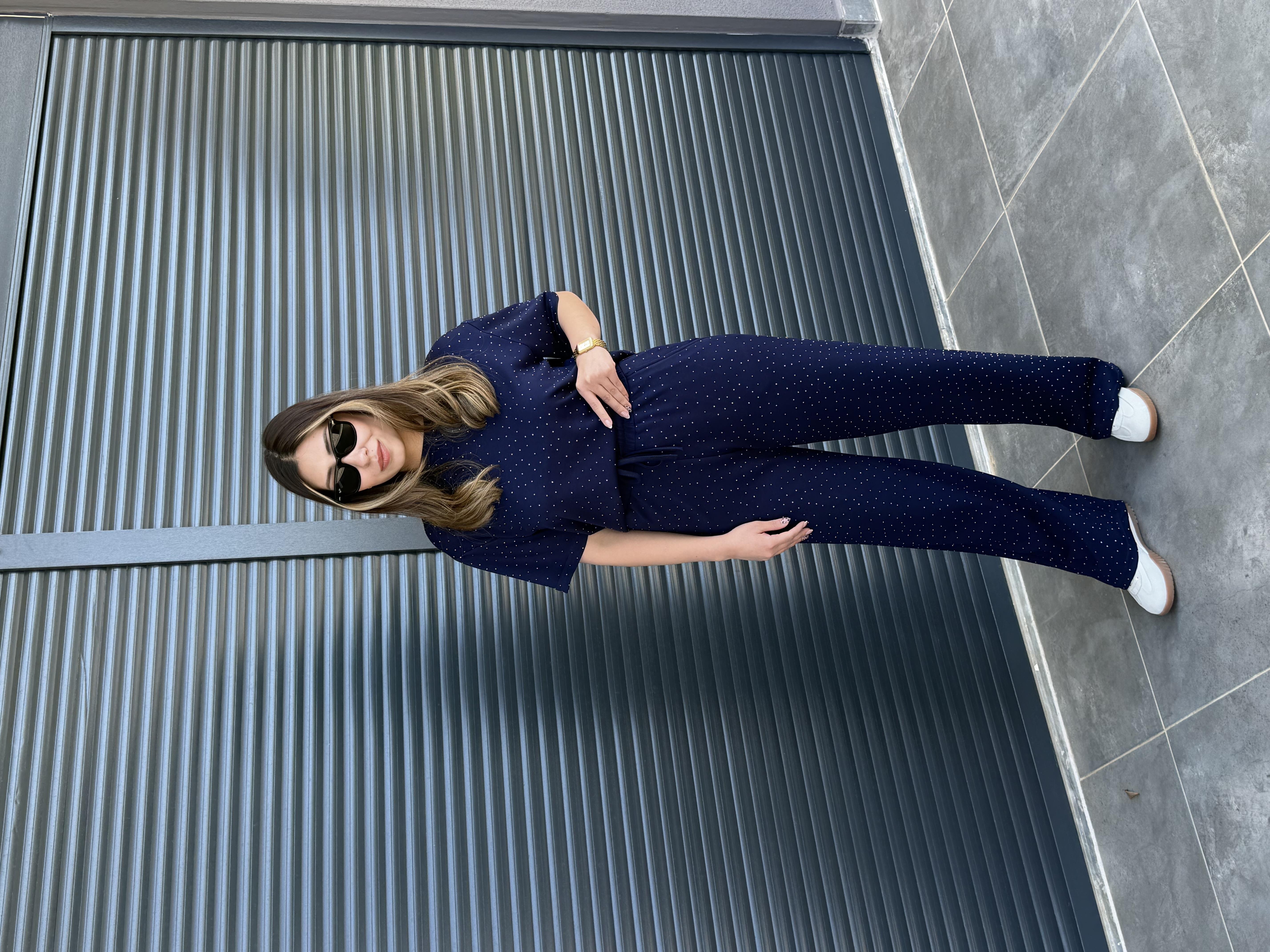 Modal Kumaş Taşlı T-Shirt Pantolon Takım Lacivert