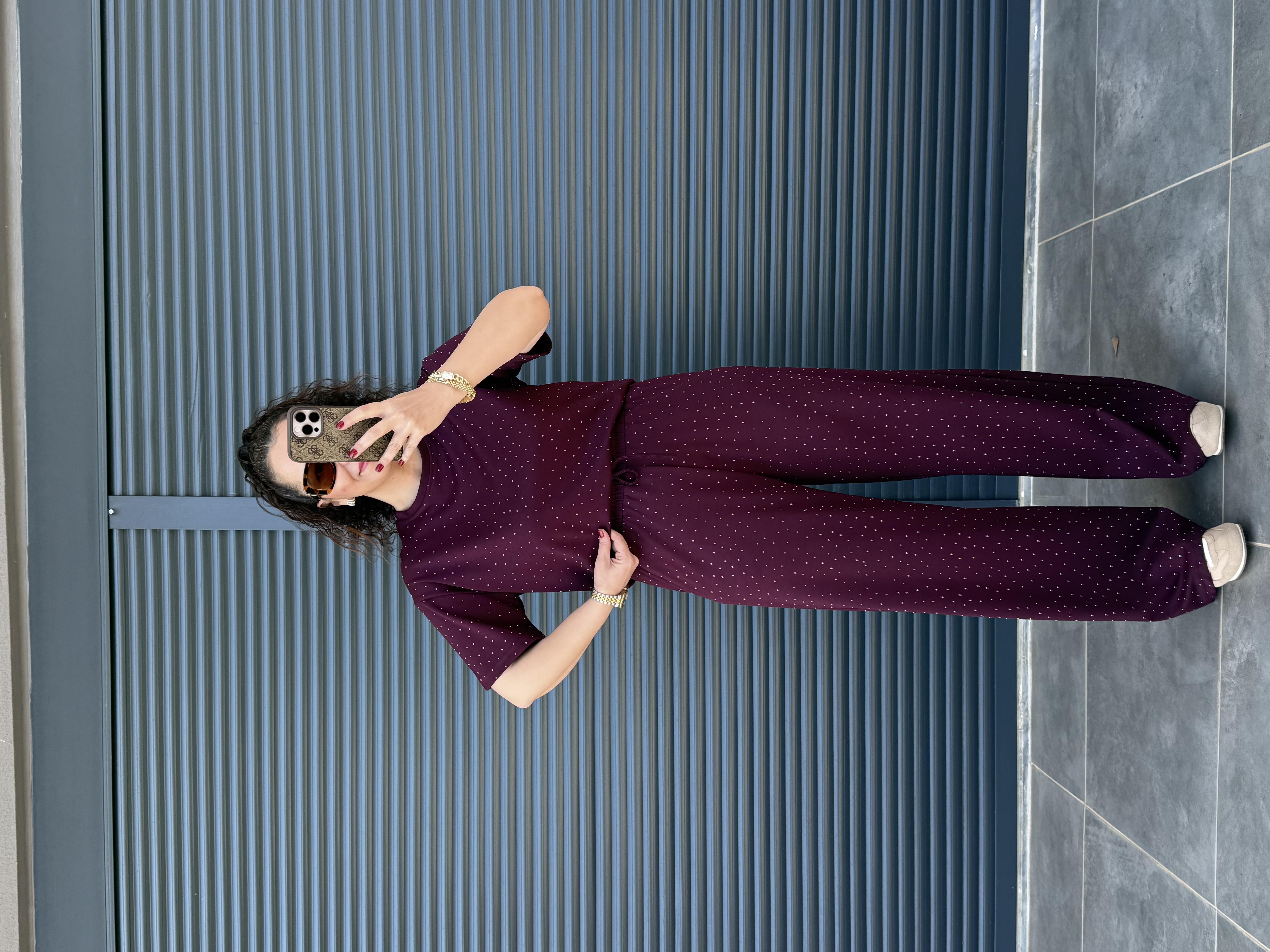 Modal Kumaş Taşlı T-Shirt Pantolon Takım Mürdüm