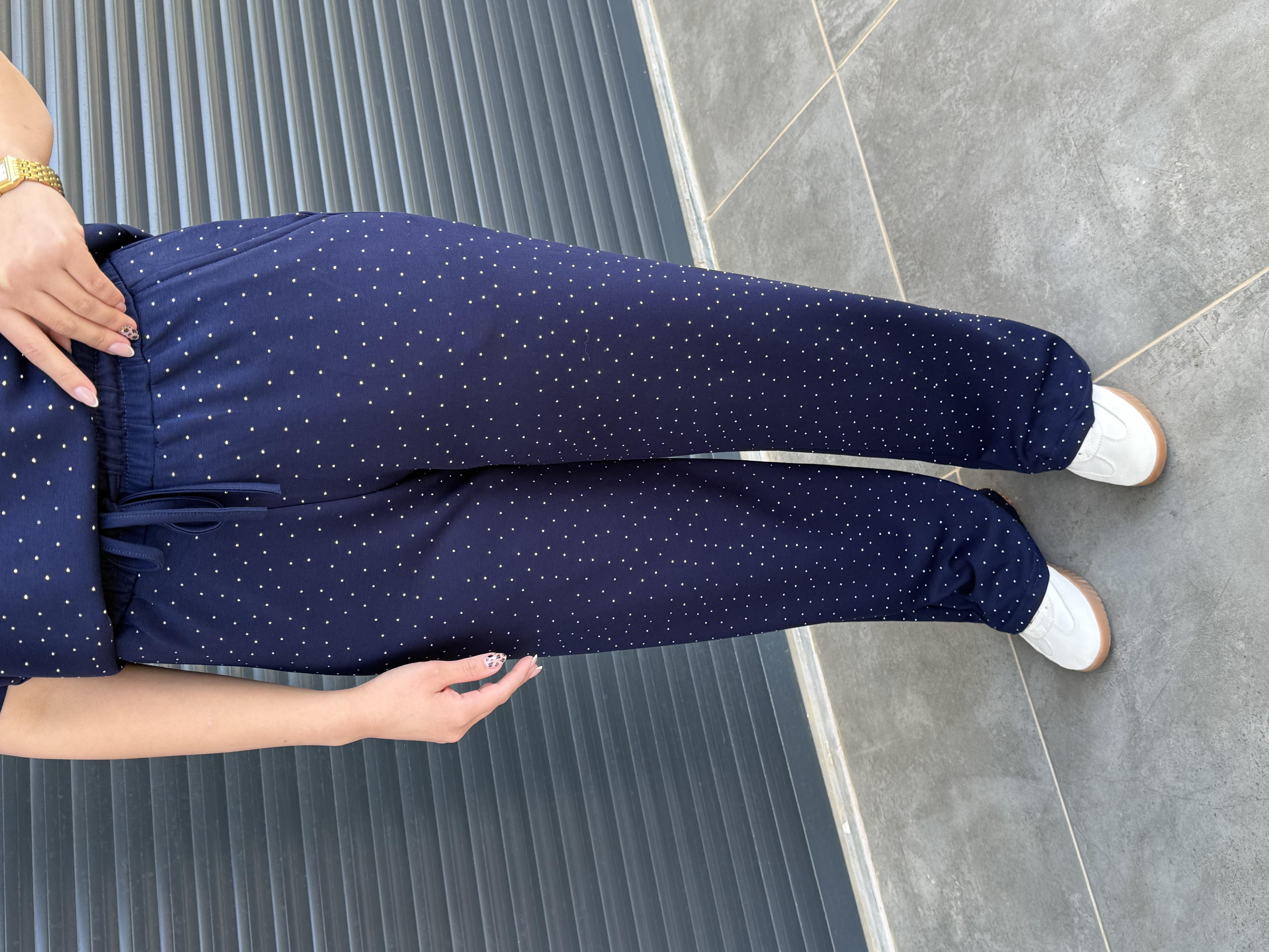 Modal Kumaş Taşlı T-Shirt Pantolon Takım Lacivert