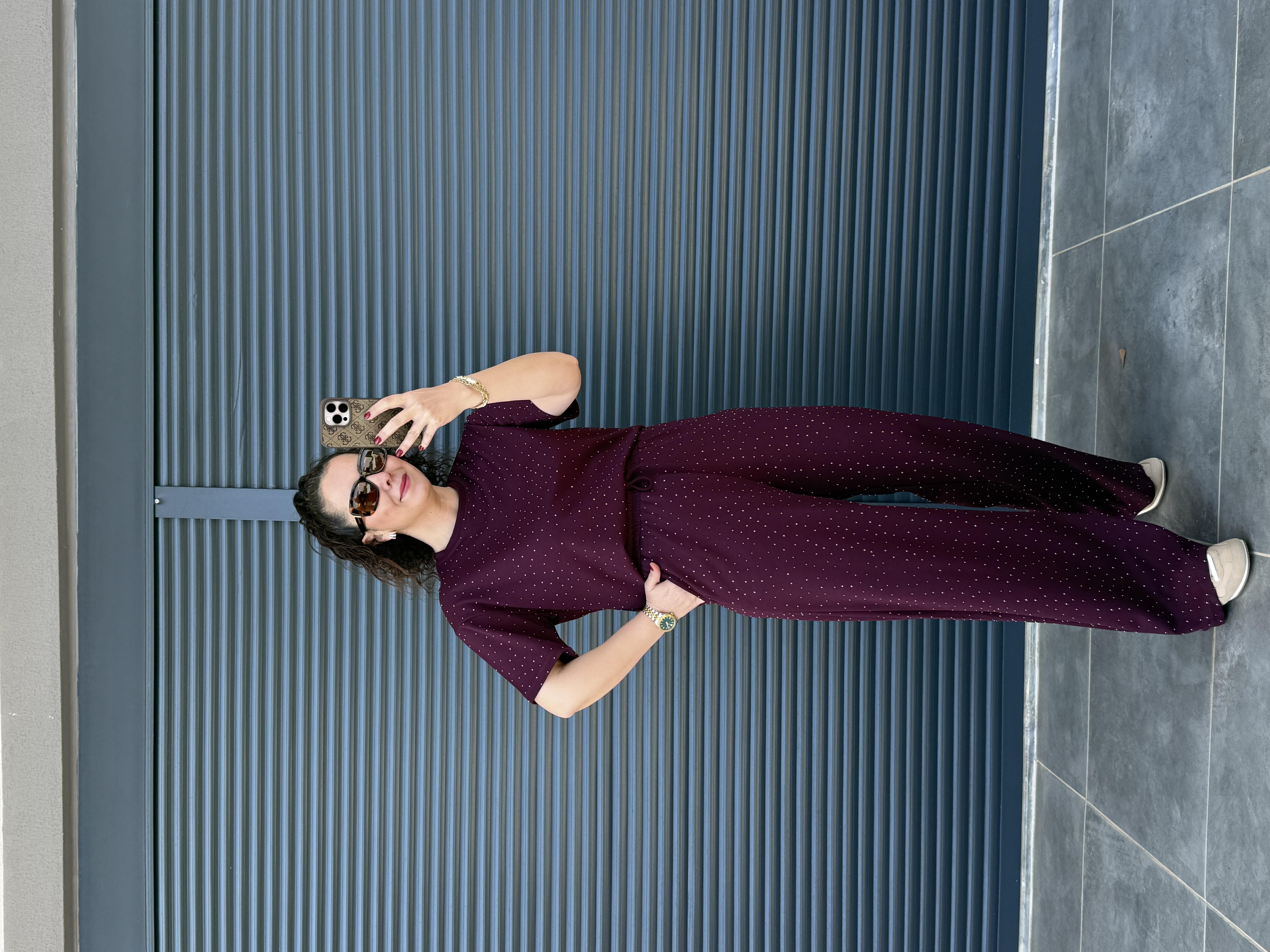 Modal Kumaş Taşlı T-Shirt Pantolon Takım Mürdüm