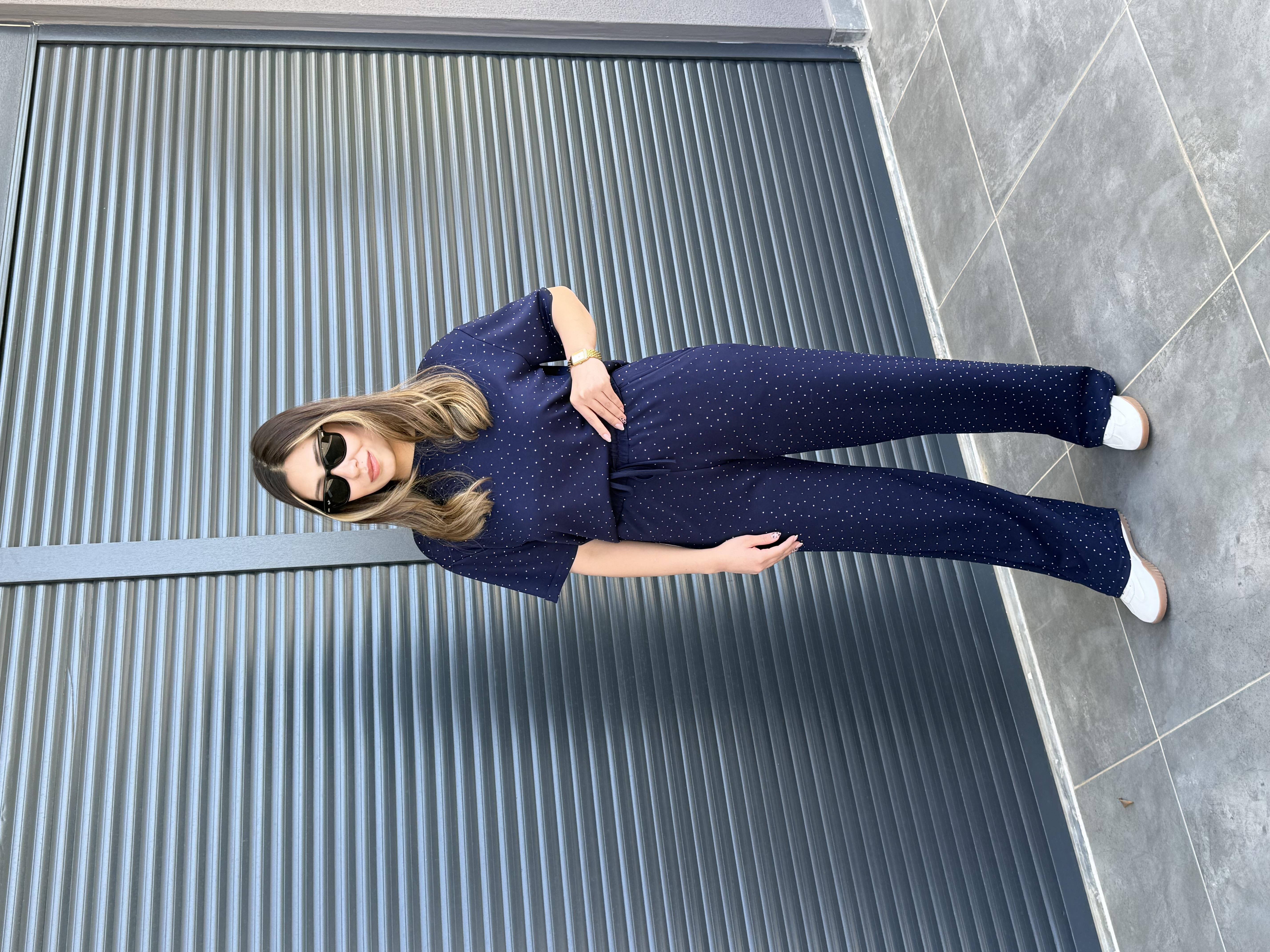 Modal Kumaş Taşlı T-Shirt Pantolon Takım Lacivert