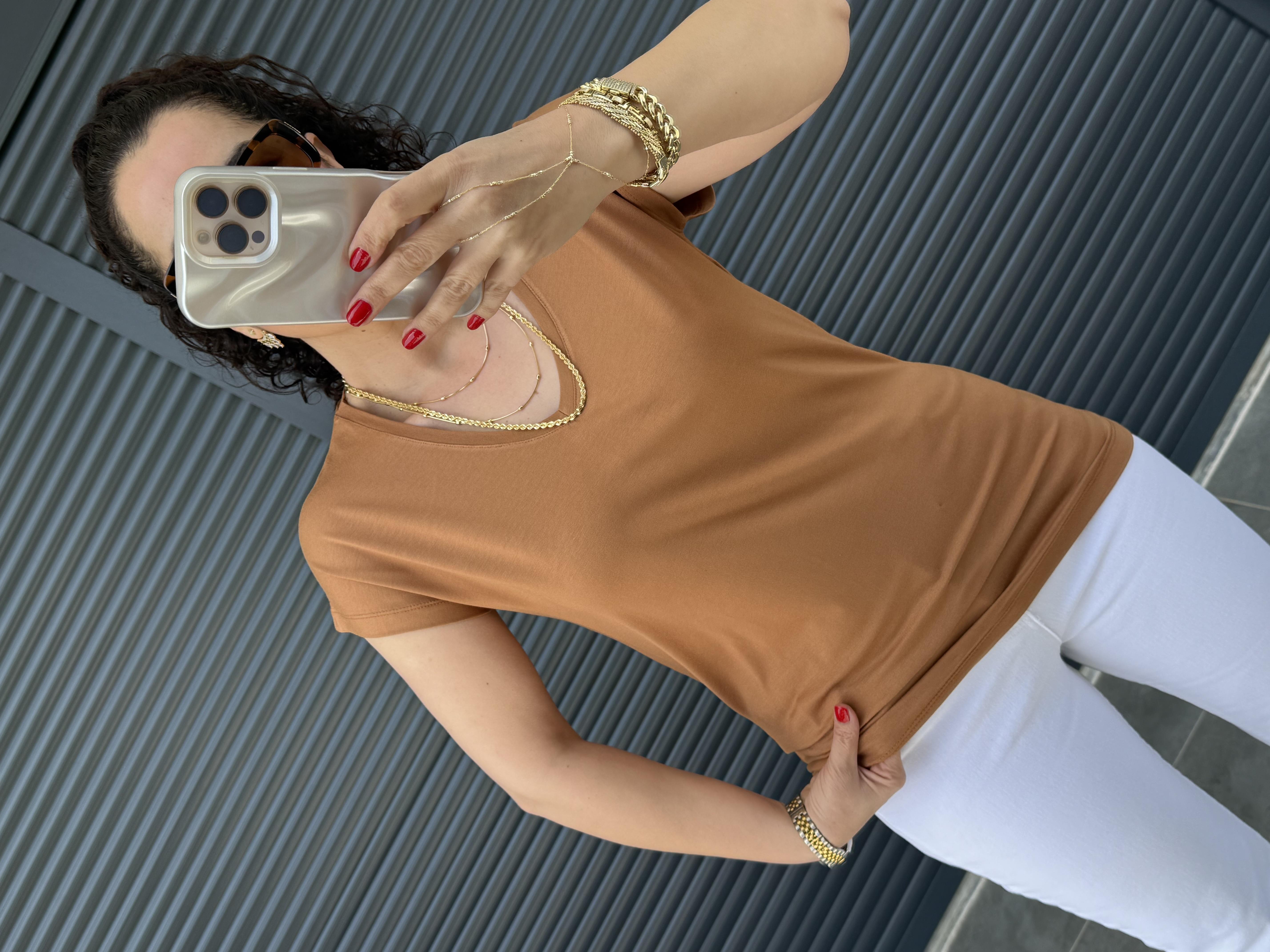 Modal Kumaş  V Yaka T-Shirt Kiremit