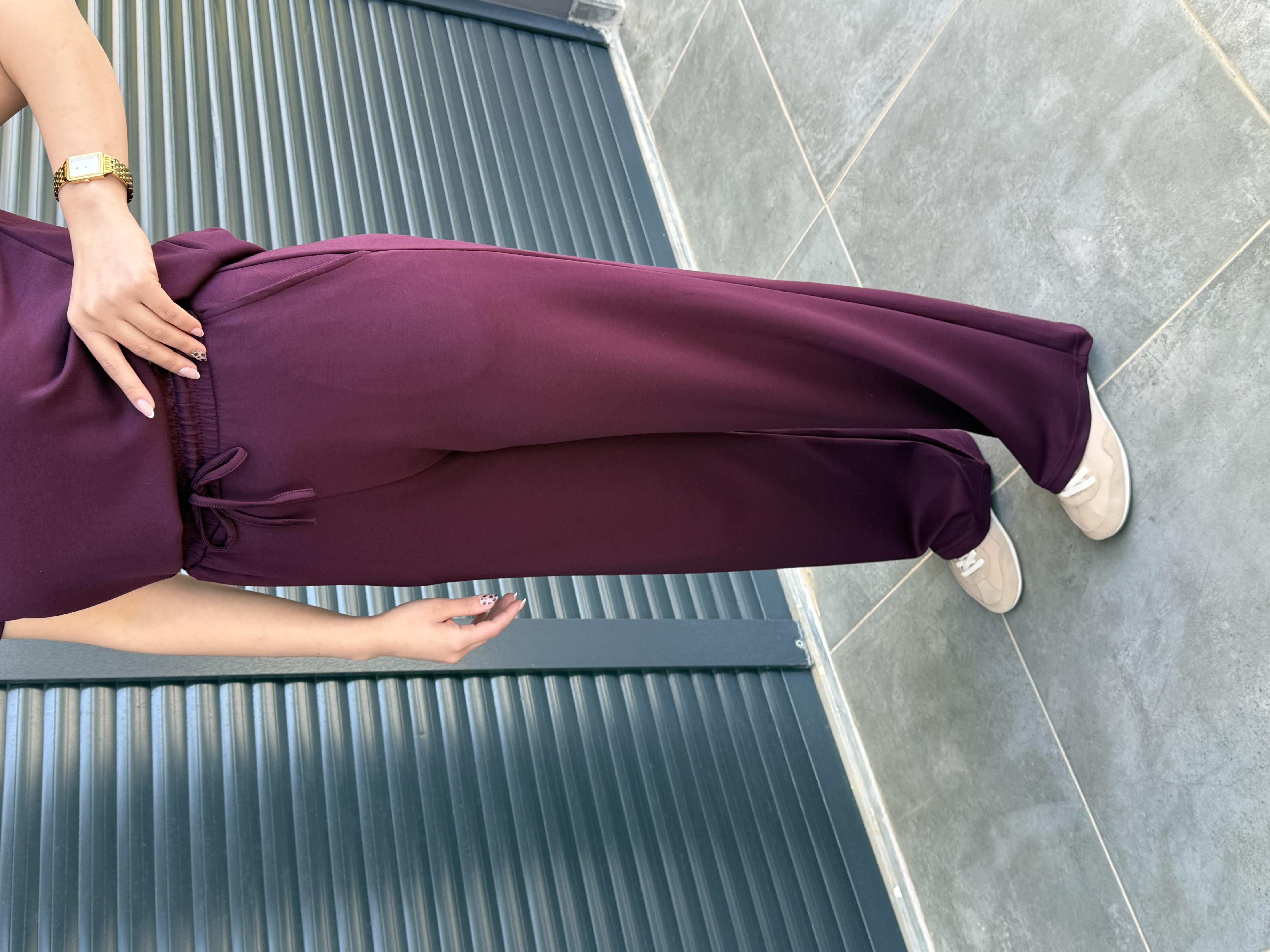 Modal Kumaş V Yaka T-Shirt Pantolon Takım Mürdüm