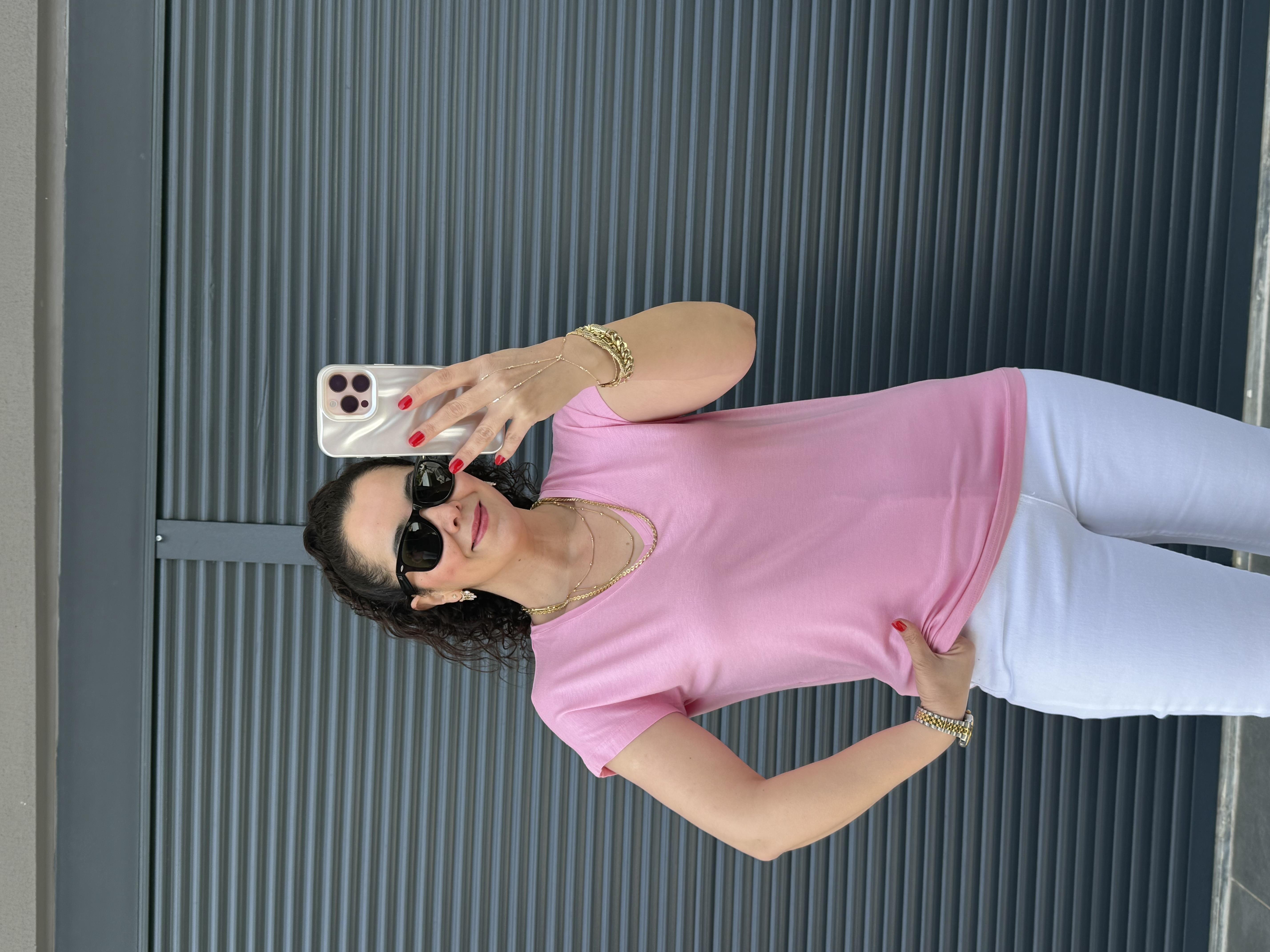 Modal Kumaş  V Yaka T-Shirt Pembe