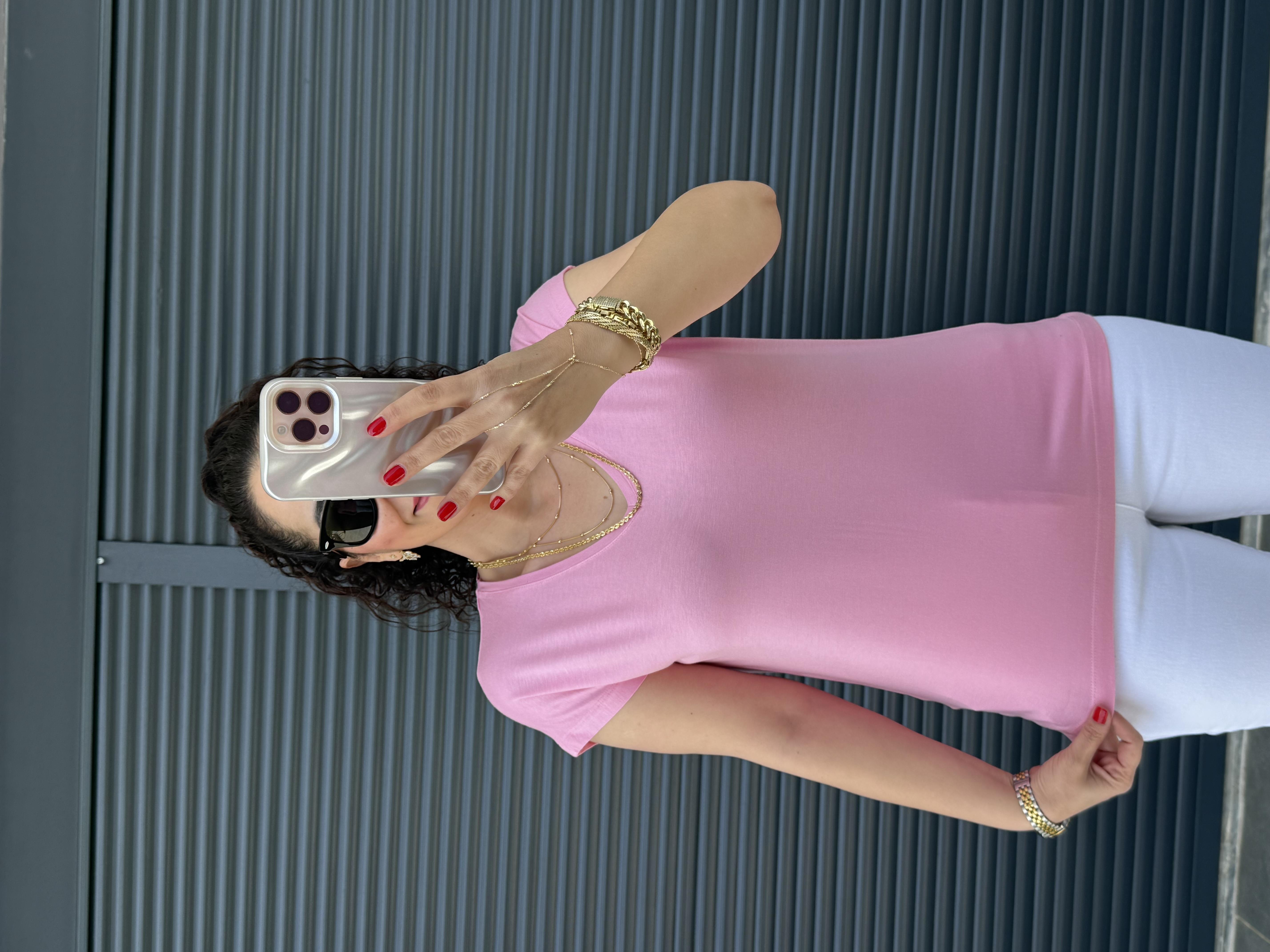 Modal Kumaş  V Yaka T-Shirt Pembe