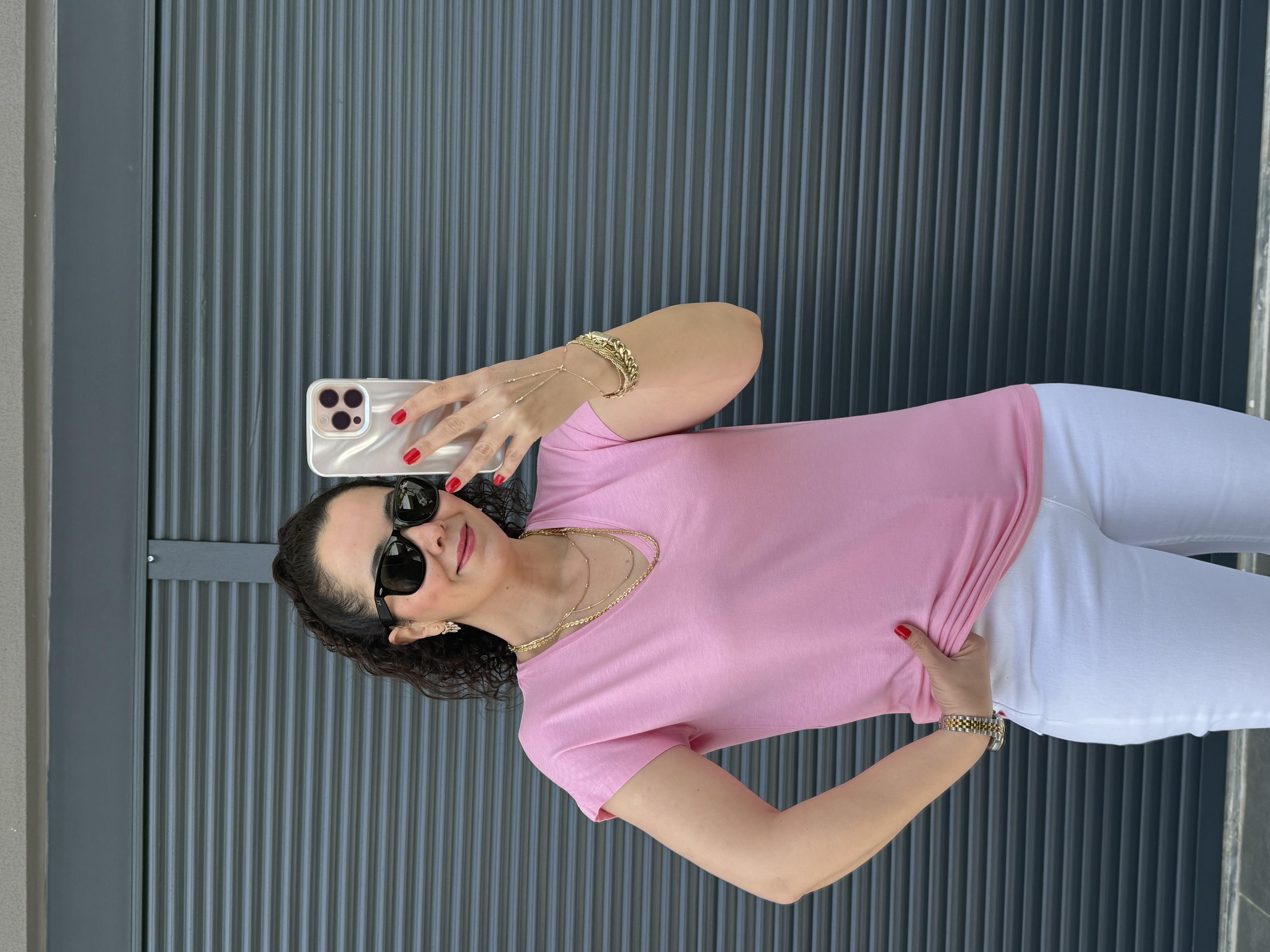 Modal Kumaş  V Yaka T-Shirt Pembe