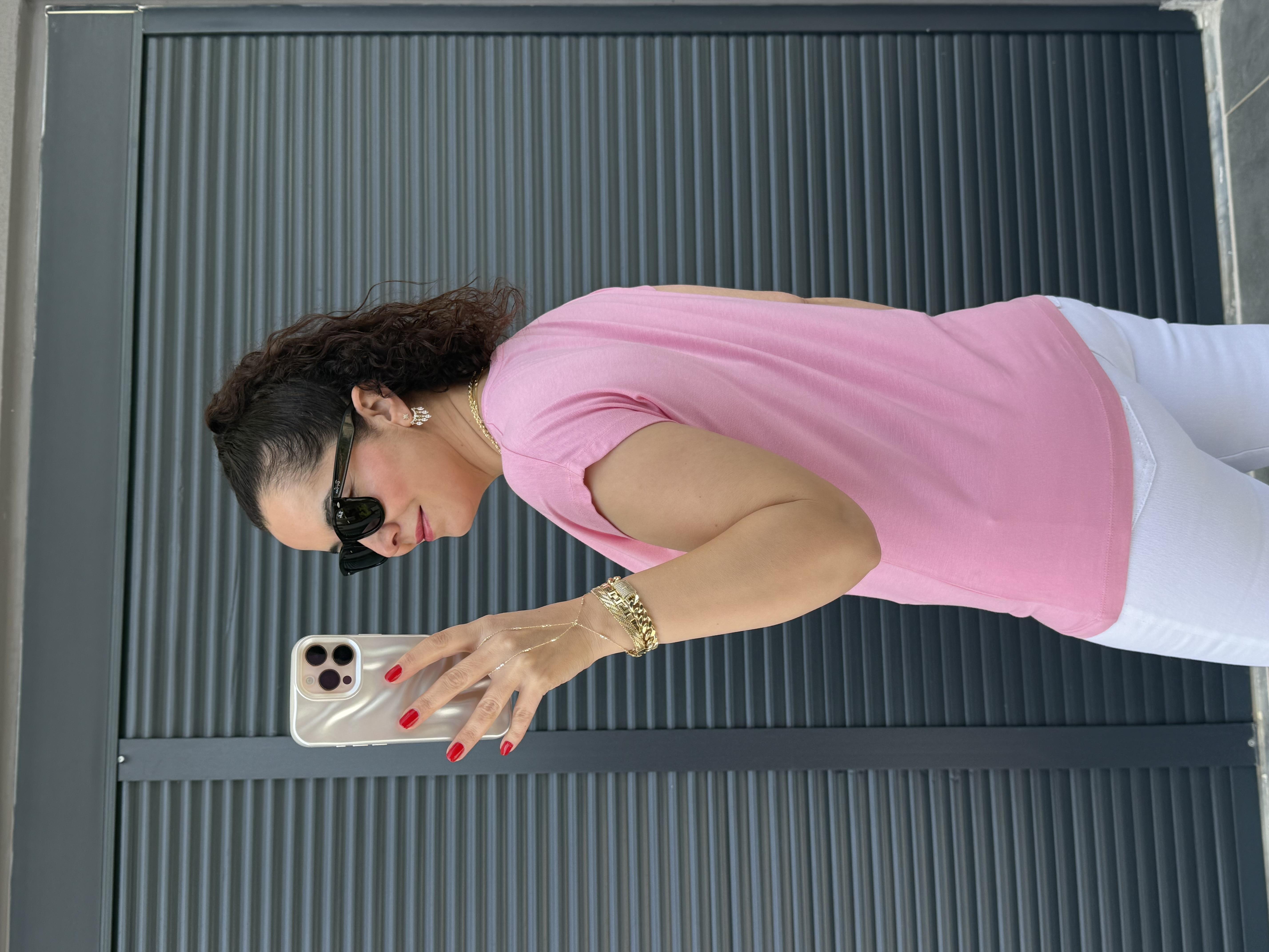 Modal Kumaş  V Yaka T-Shirt Pembe