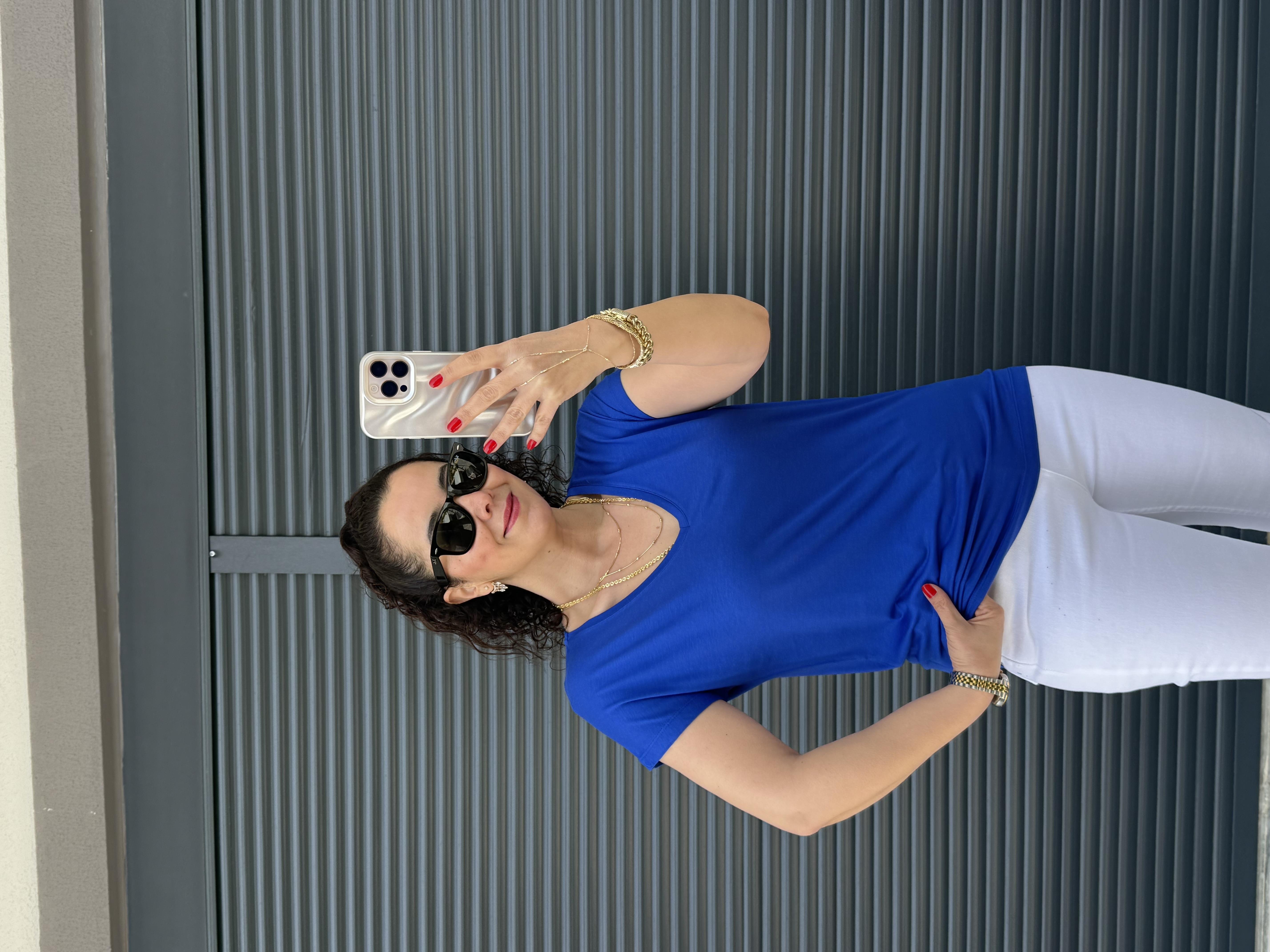Modal Kumaş  V Yaka T-Shirt Saks Mavi