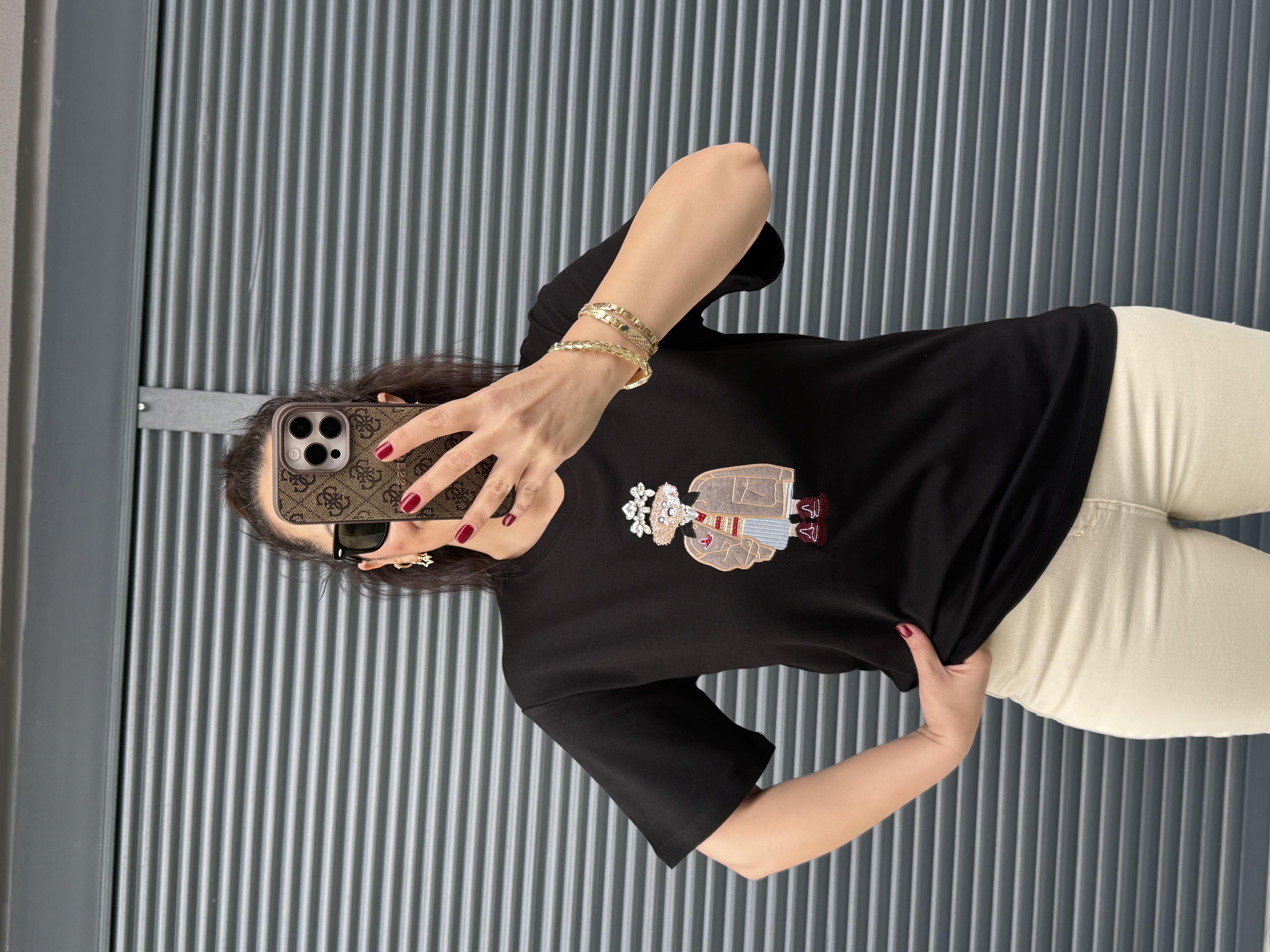 Orj Marka Nakışlı Taşlı T-Shirt Siyah