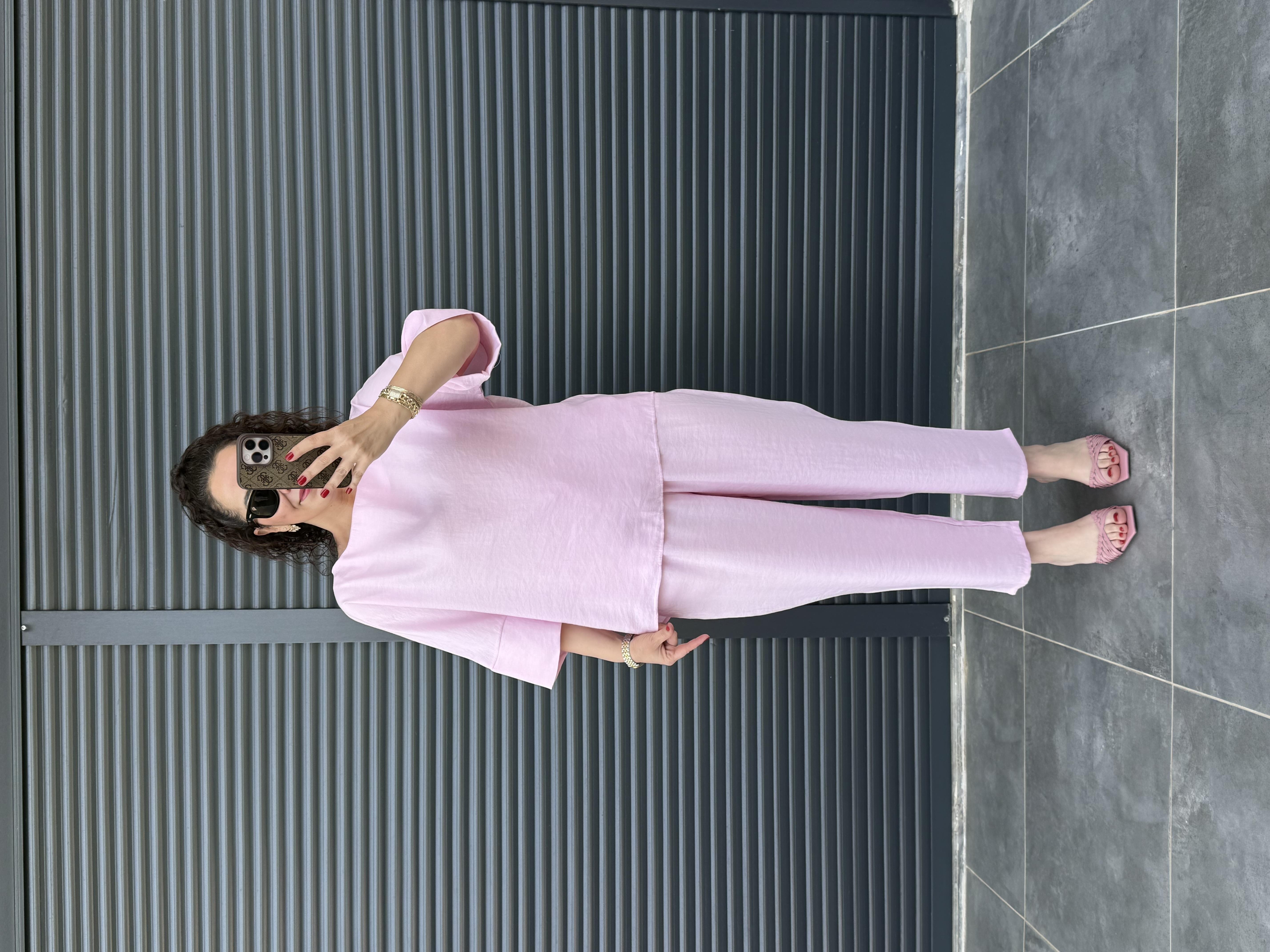 Oval Yaka Bluz Şalvar Pantolon Tensel Takım Pembe