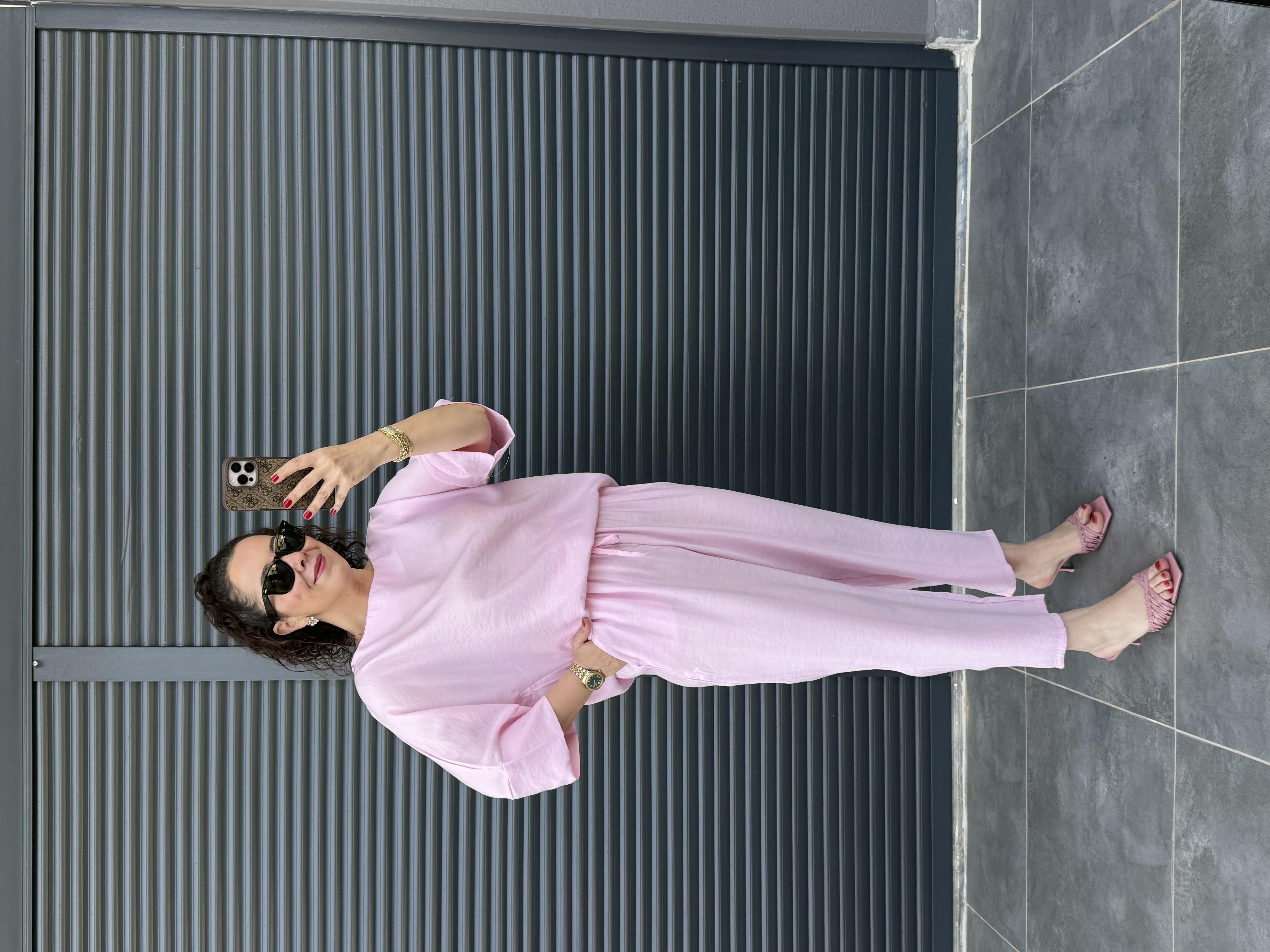 Oval Yaka Bluz Şalvar Pantolon Tensel Takım Pembe