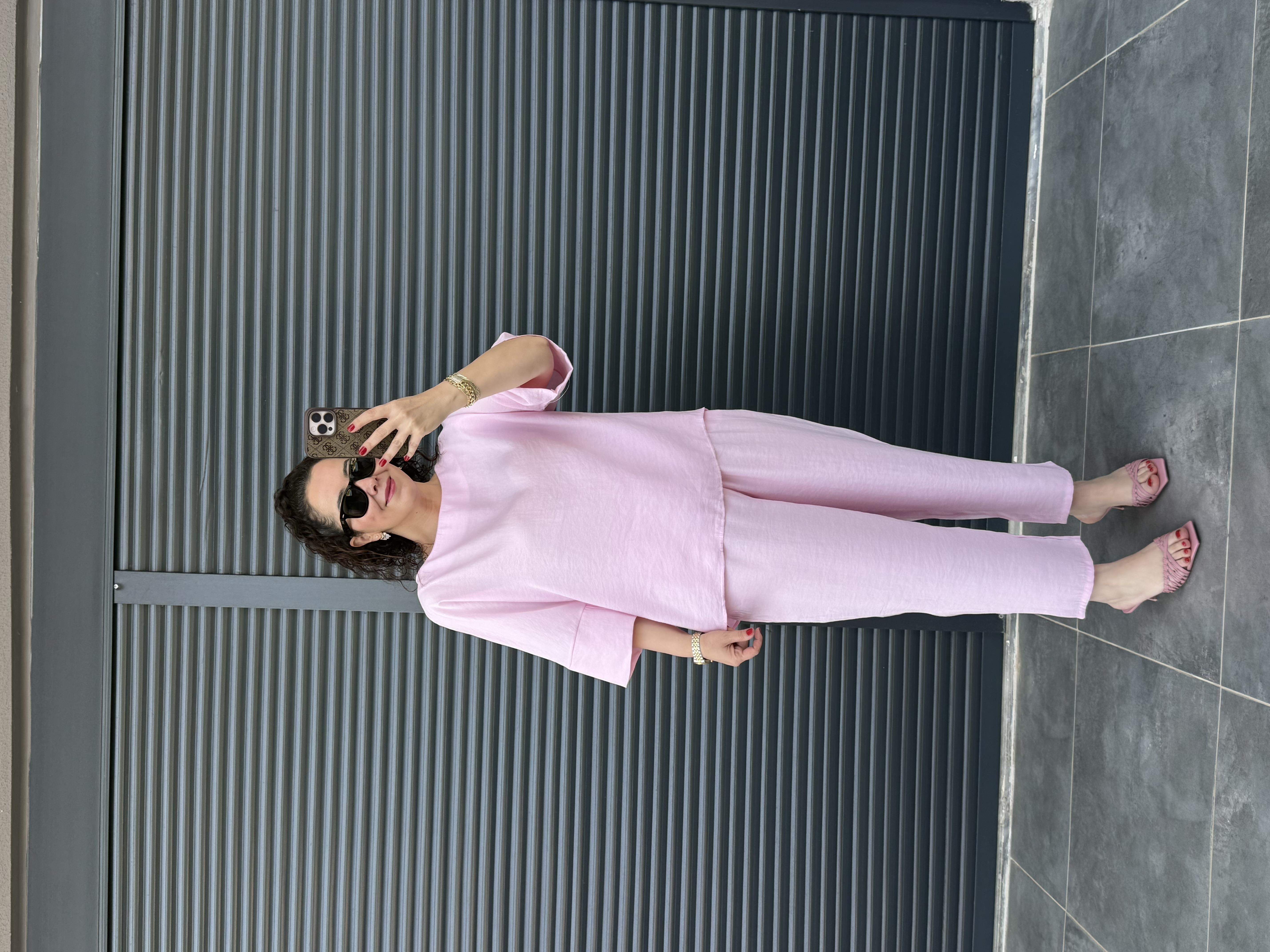 Oval Yaka Bluz Şalvar Pantolon Tensel Takım Pembe