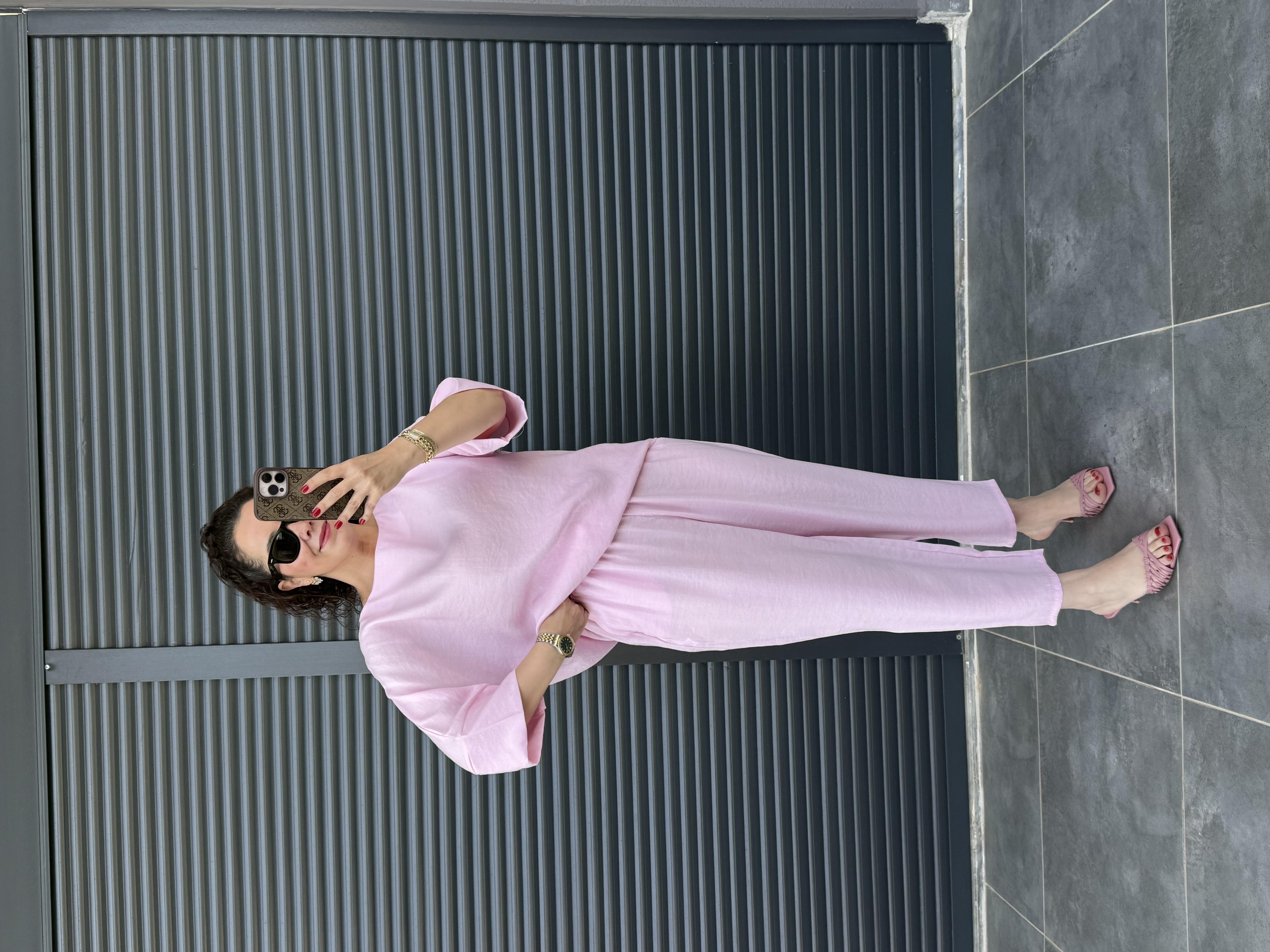 Oval Yaka Bluz Şalvar Pantolon Tensel Takım Pembe