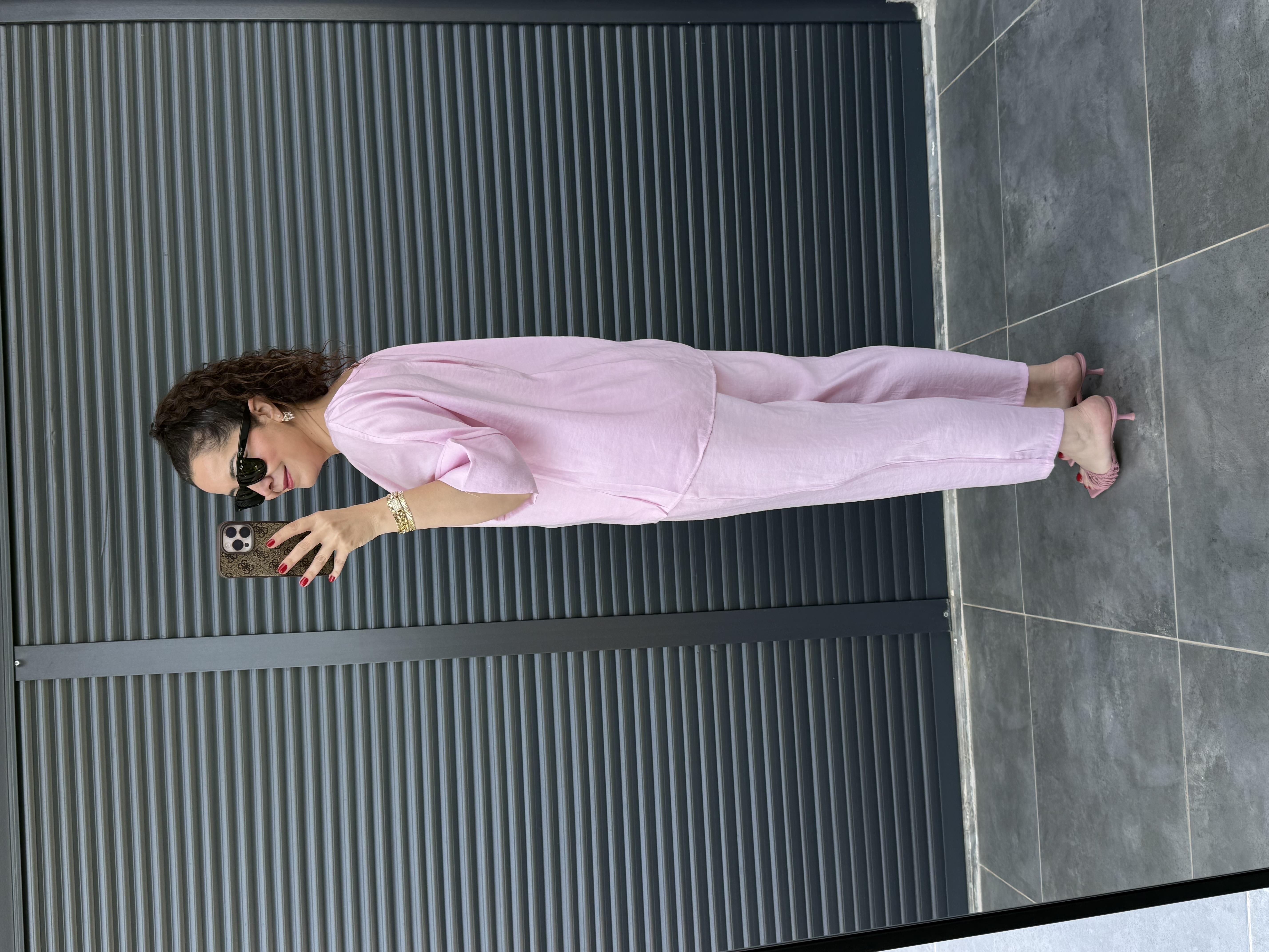 Oval Yaka Bluz Şalvar Pantolon Tensel Takım Pembe