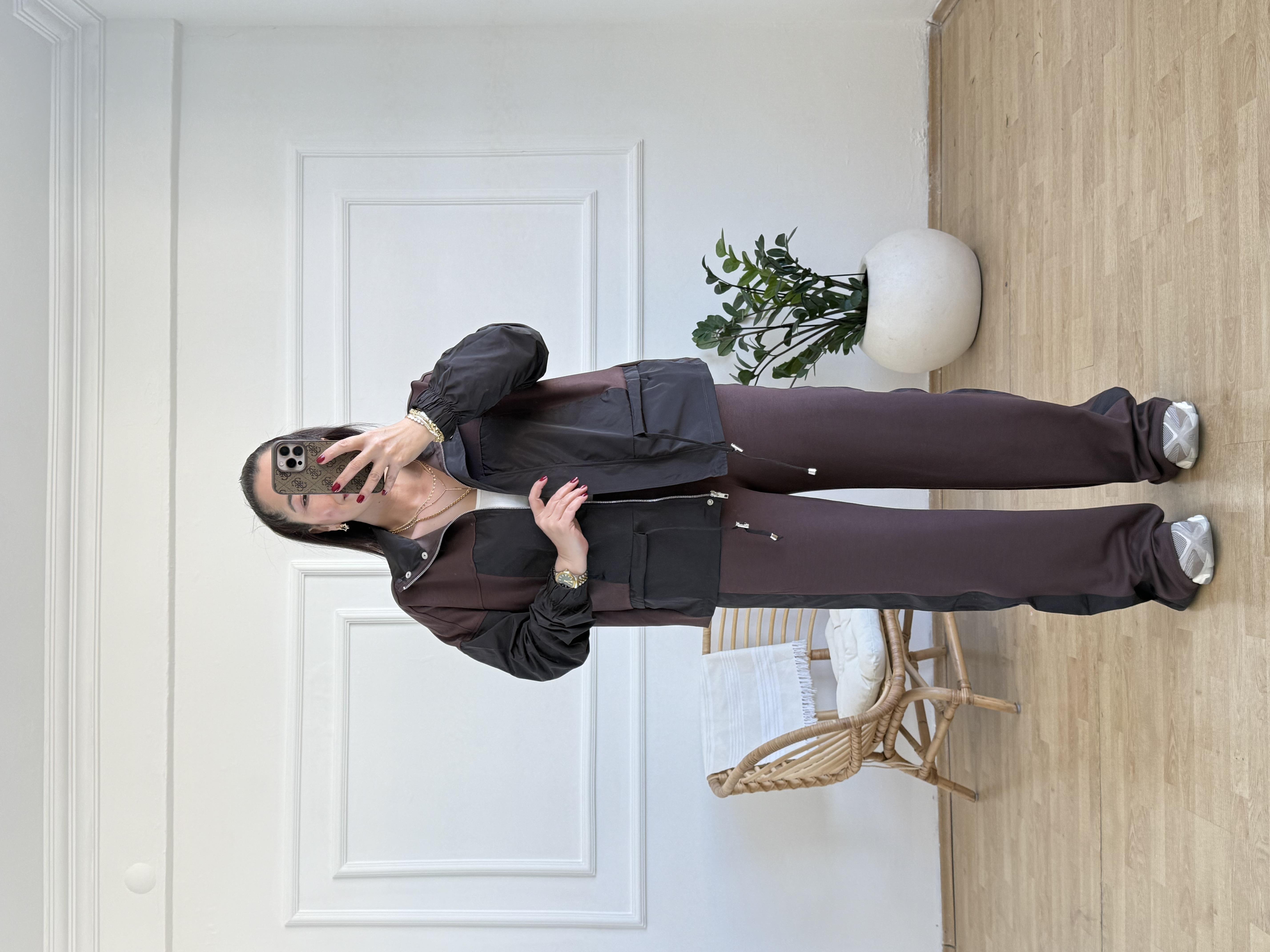 Paraşüt Garnili Çeket Palazzo Takım Kahverengi