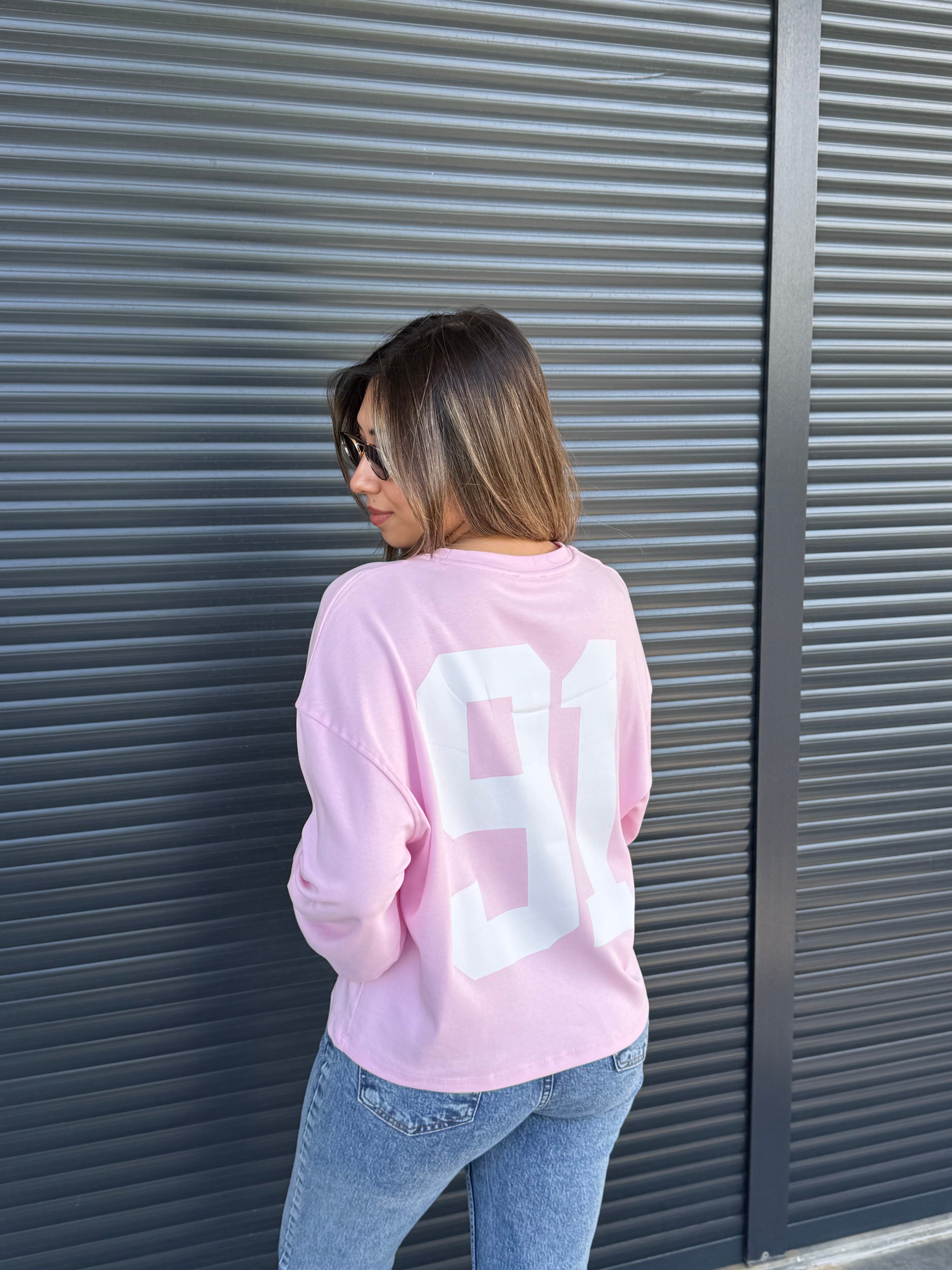 Pembe Rakam Baskılı İnce Sweatshirt