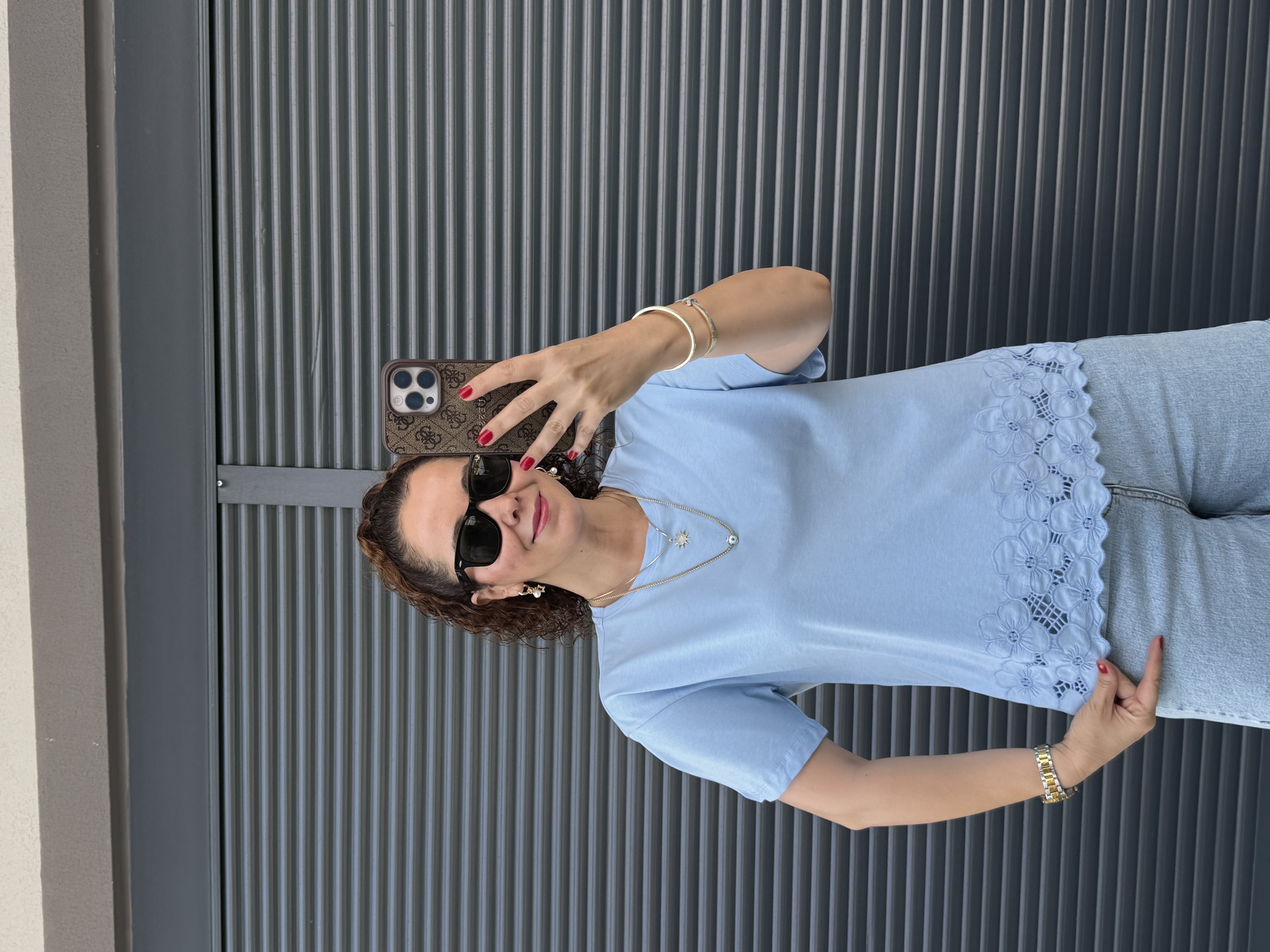Premium Çiçek Güpür Detaylı T-shirt Mavi