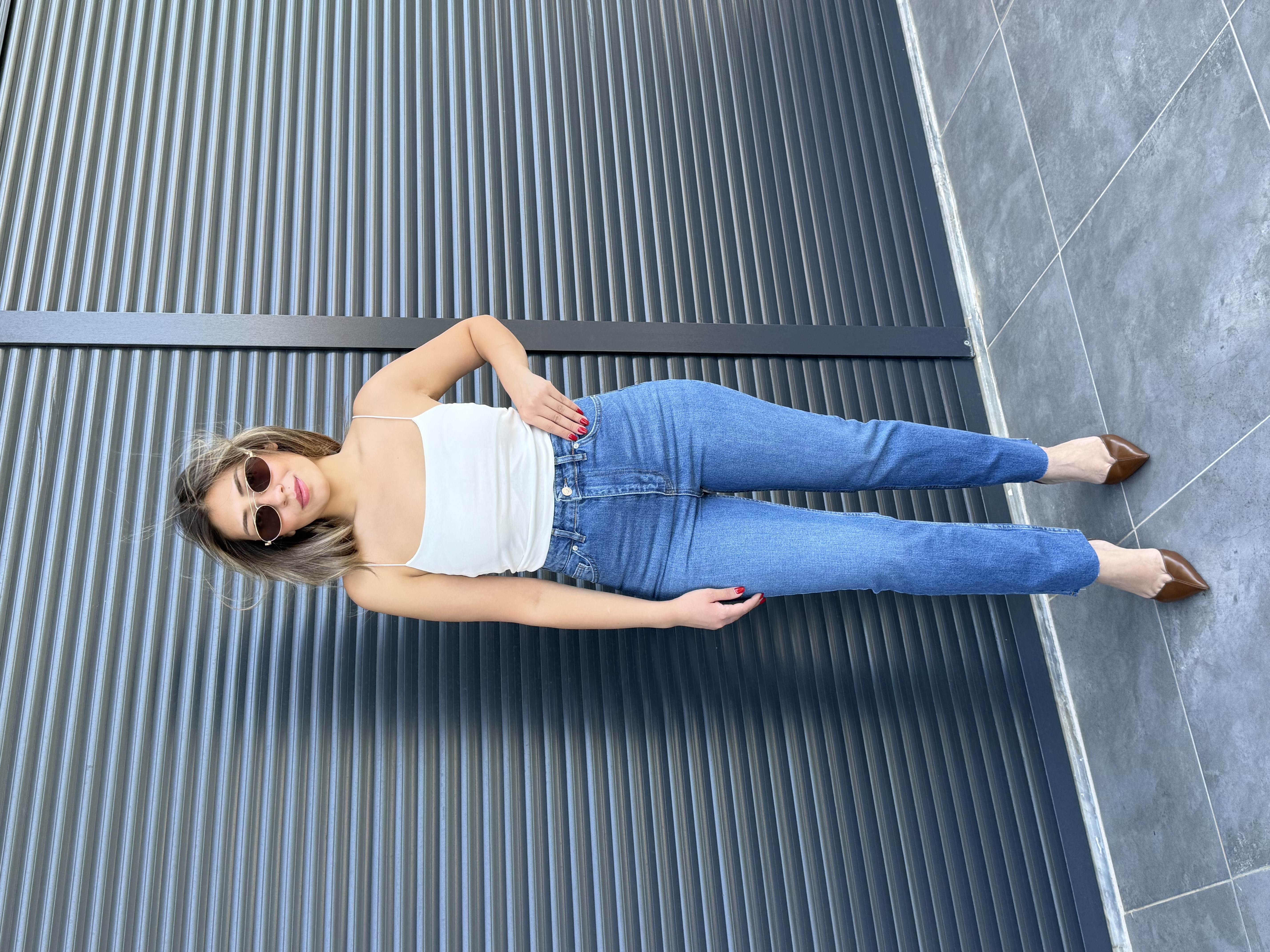 Premium Kesik Paça Toparlayıcı Boy Fit Jean Koyu Mavi