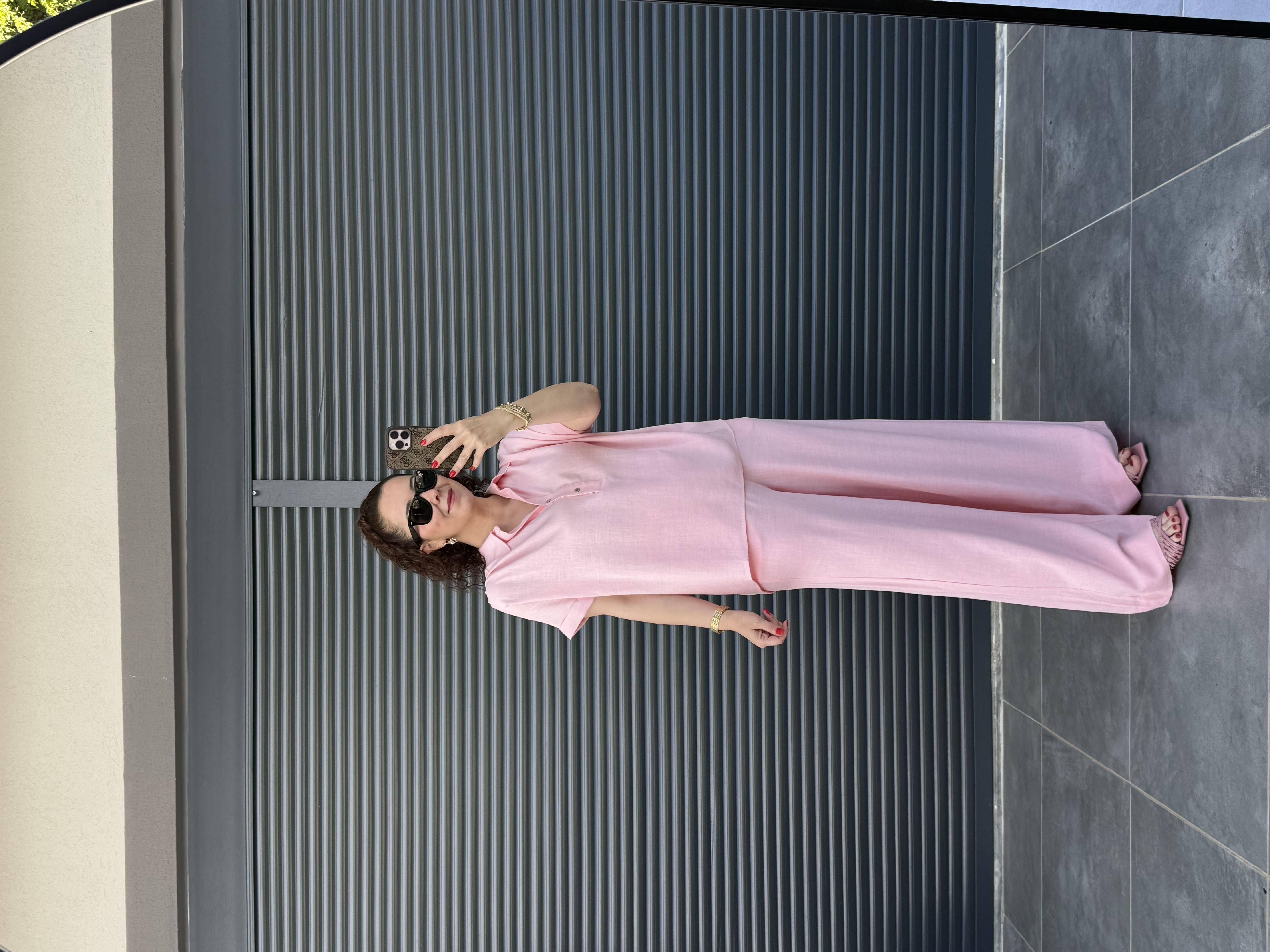 Premium Keten Bluz Pantolon Takım Pembe