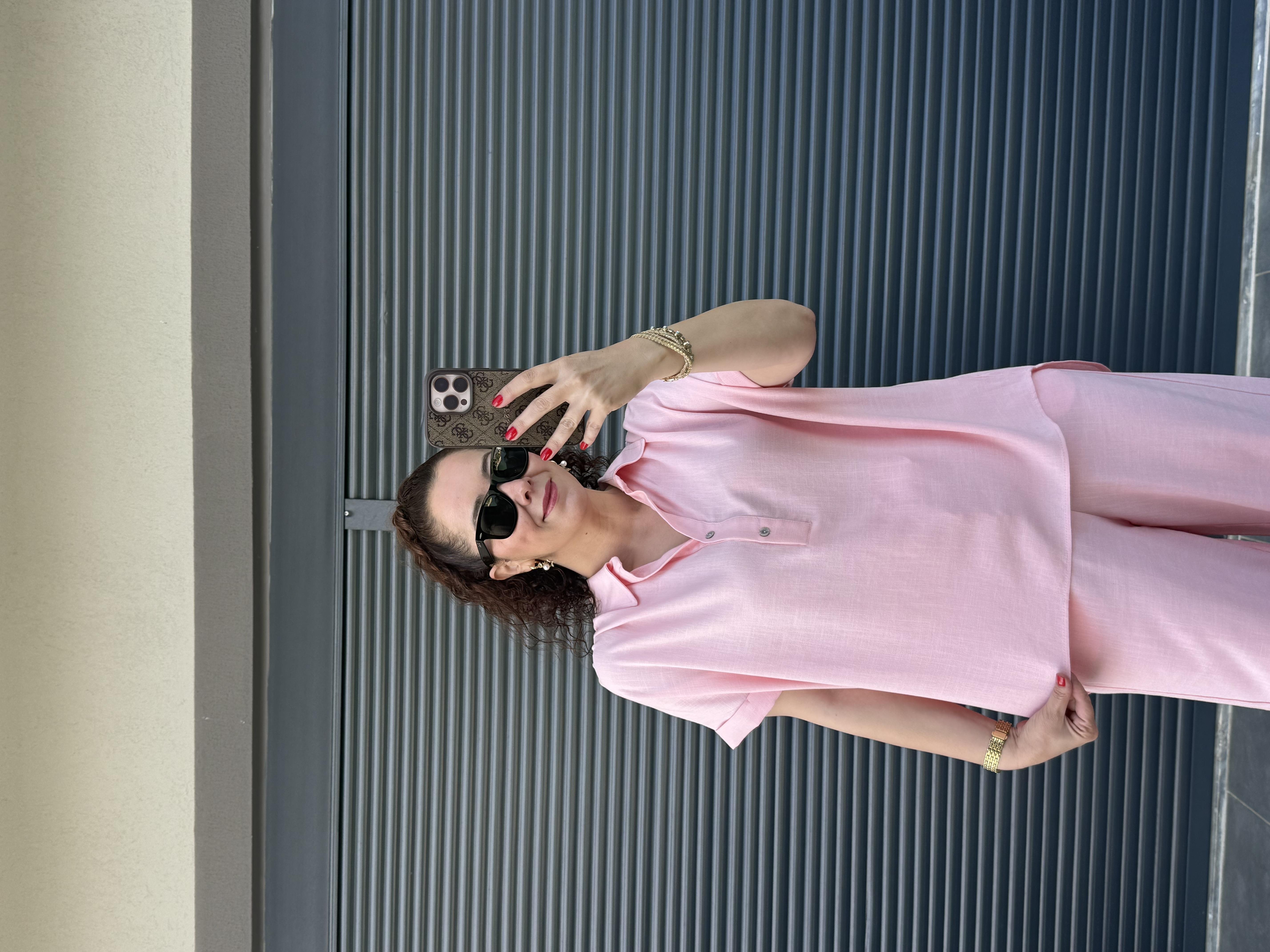 Premium Keten Bluz Pantolon Takım Pembe