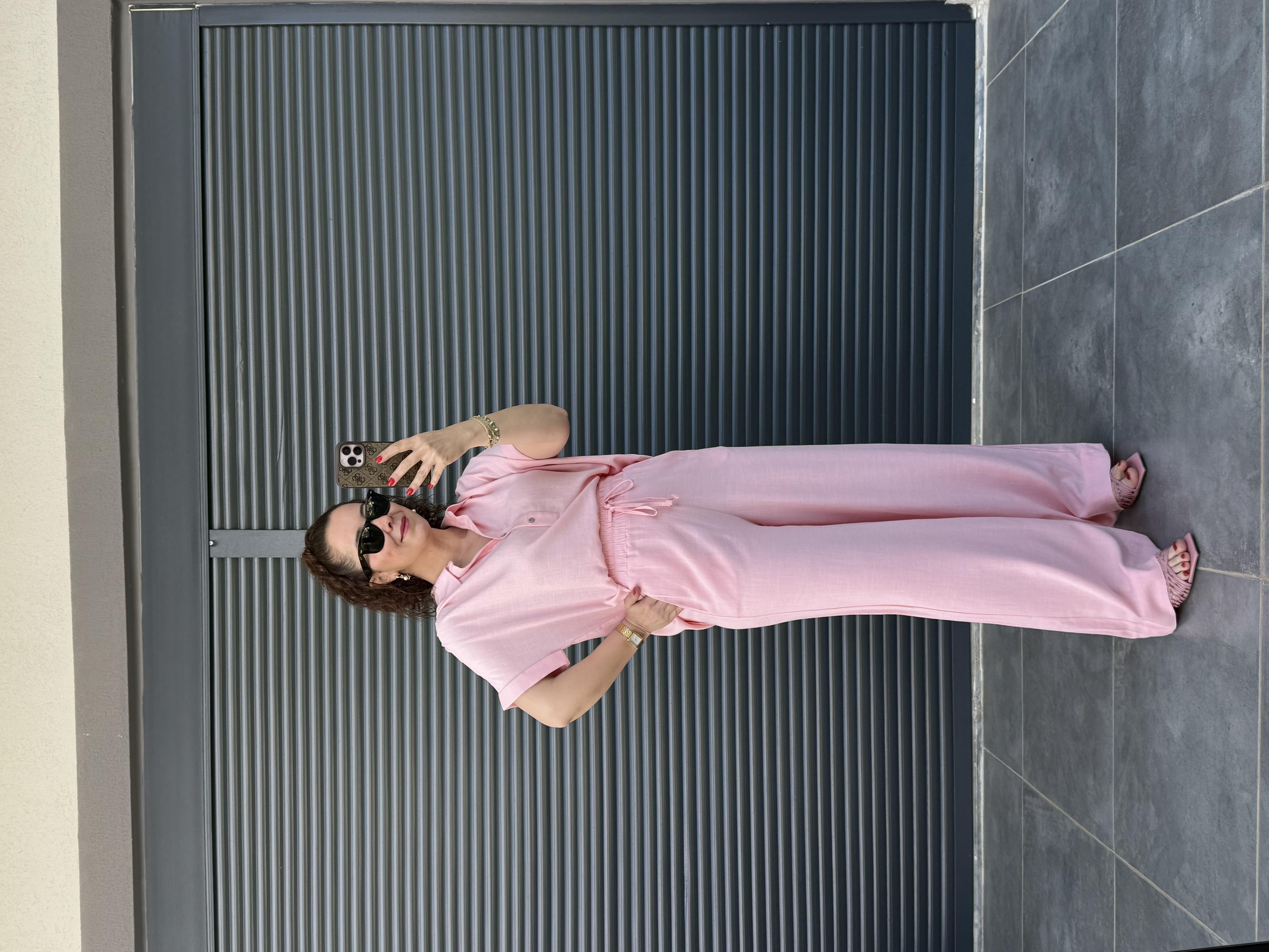 Premium Keten Bluz Pantolon Takım Pembe