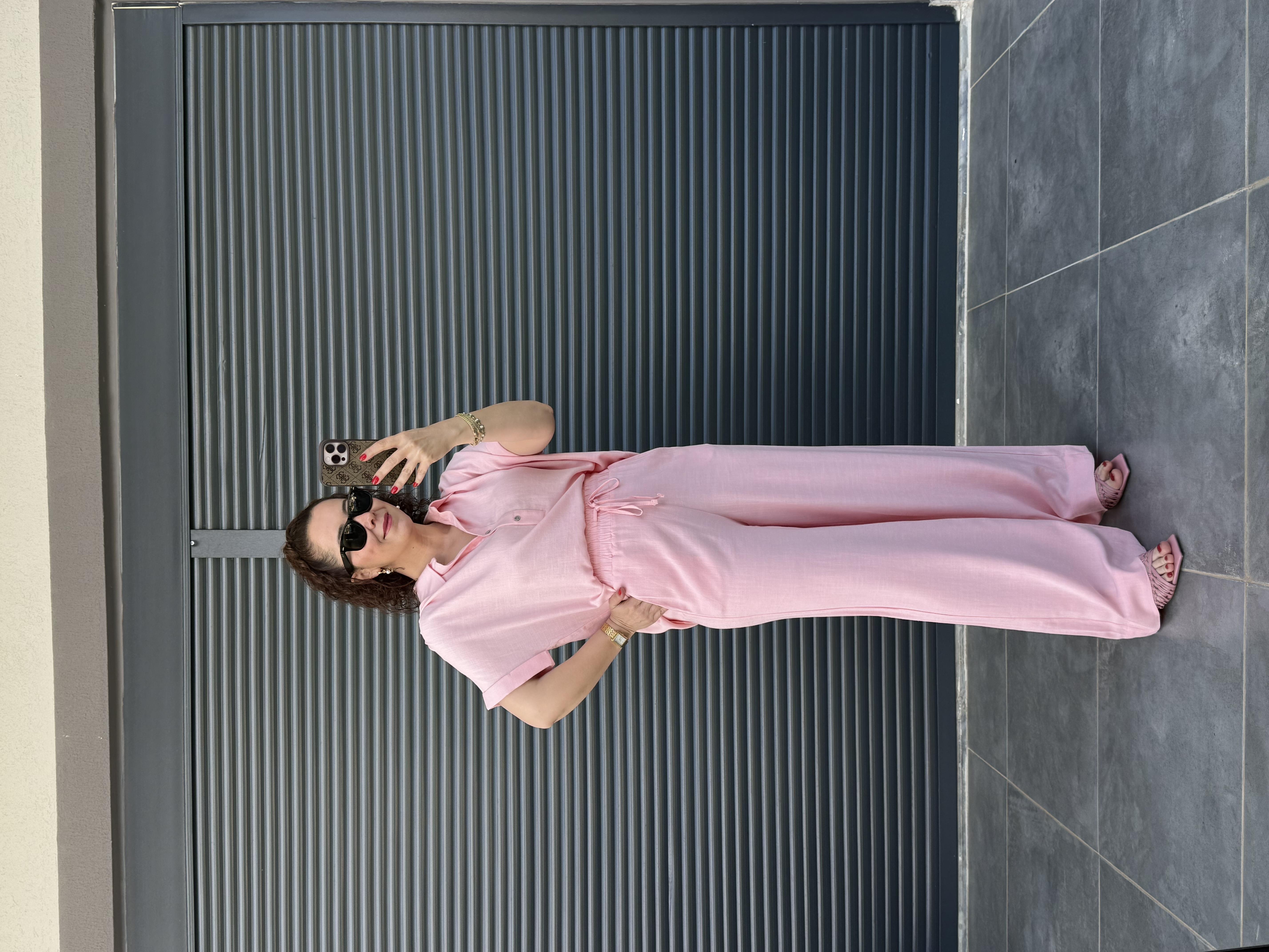 Premium Keten Bluz Pantolon Takım Pembe