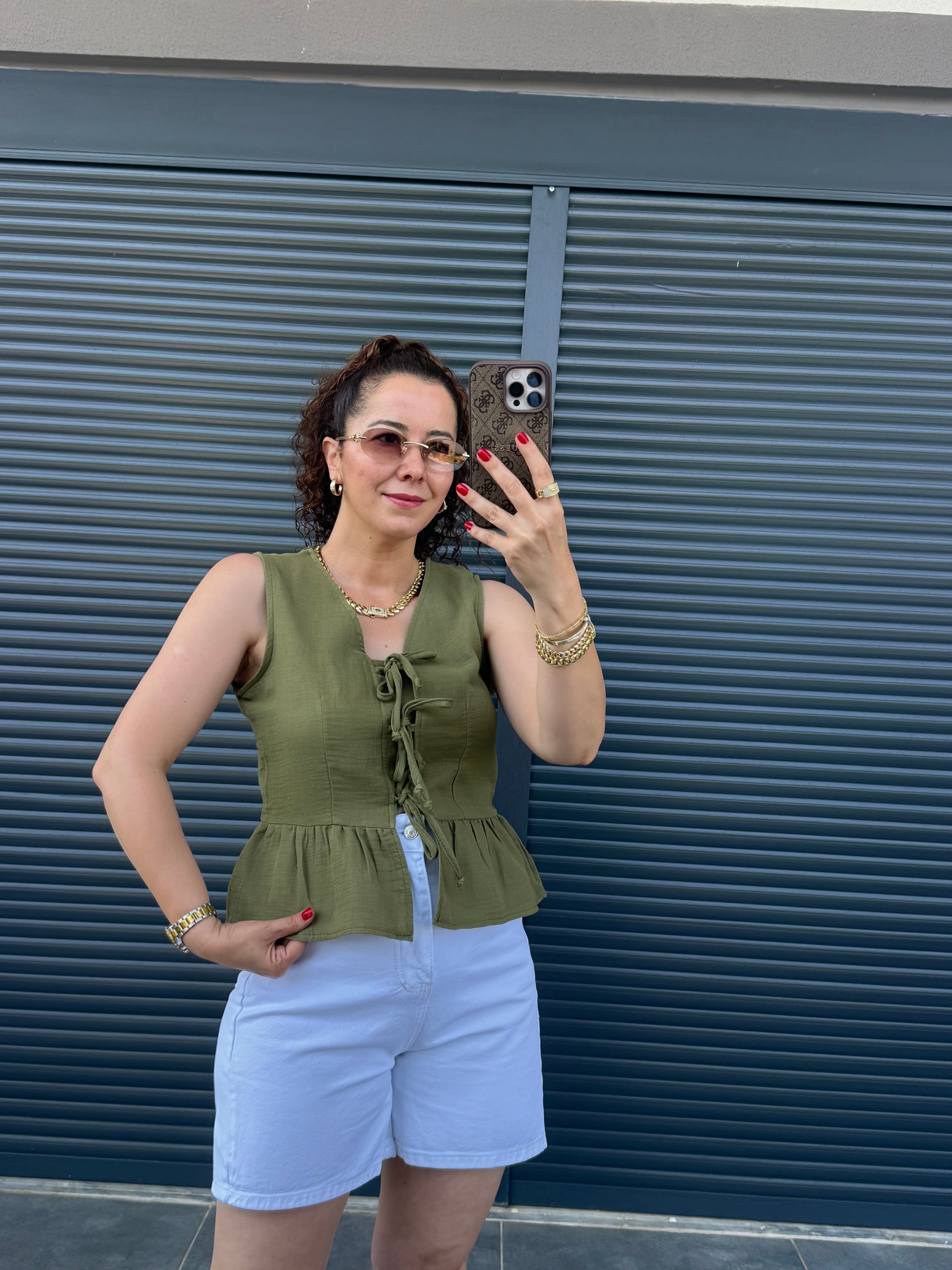 Premium Müslin Önü Fiyonklu Bluz Haki