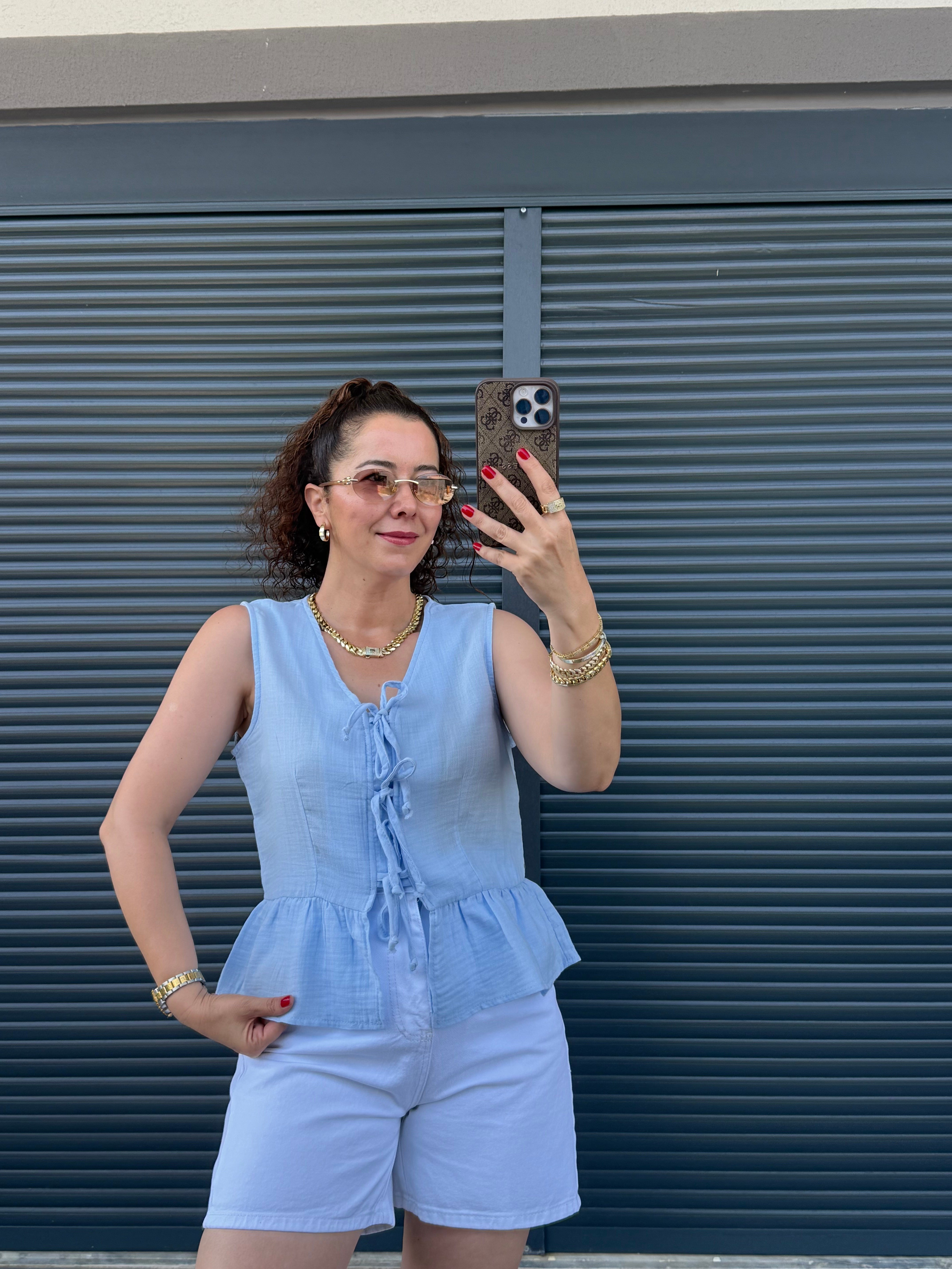 Premium Müslin Önü Fiyonklu Bluz Mavi
