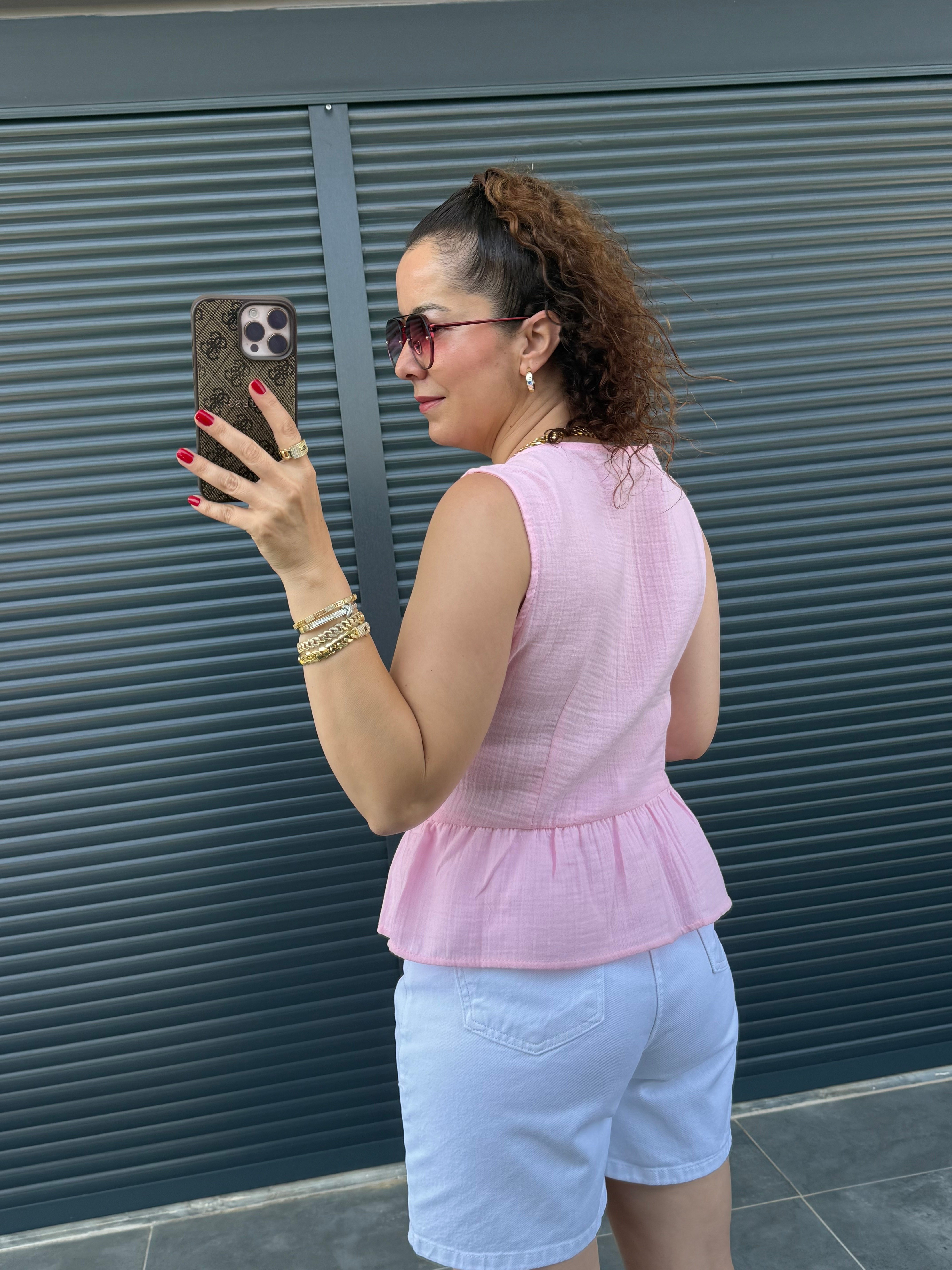 Premium Müslin Önü Fiyonklu Bluz Pembe