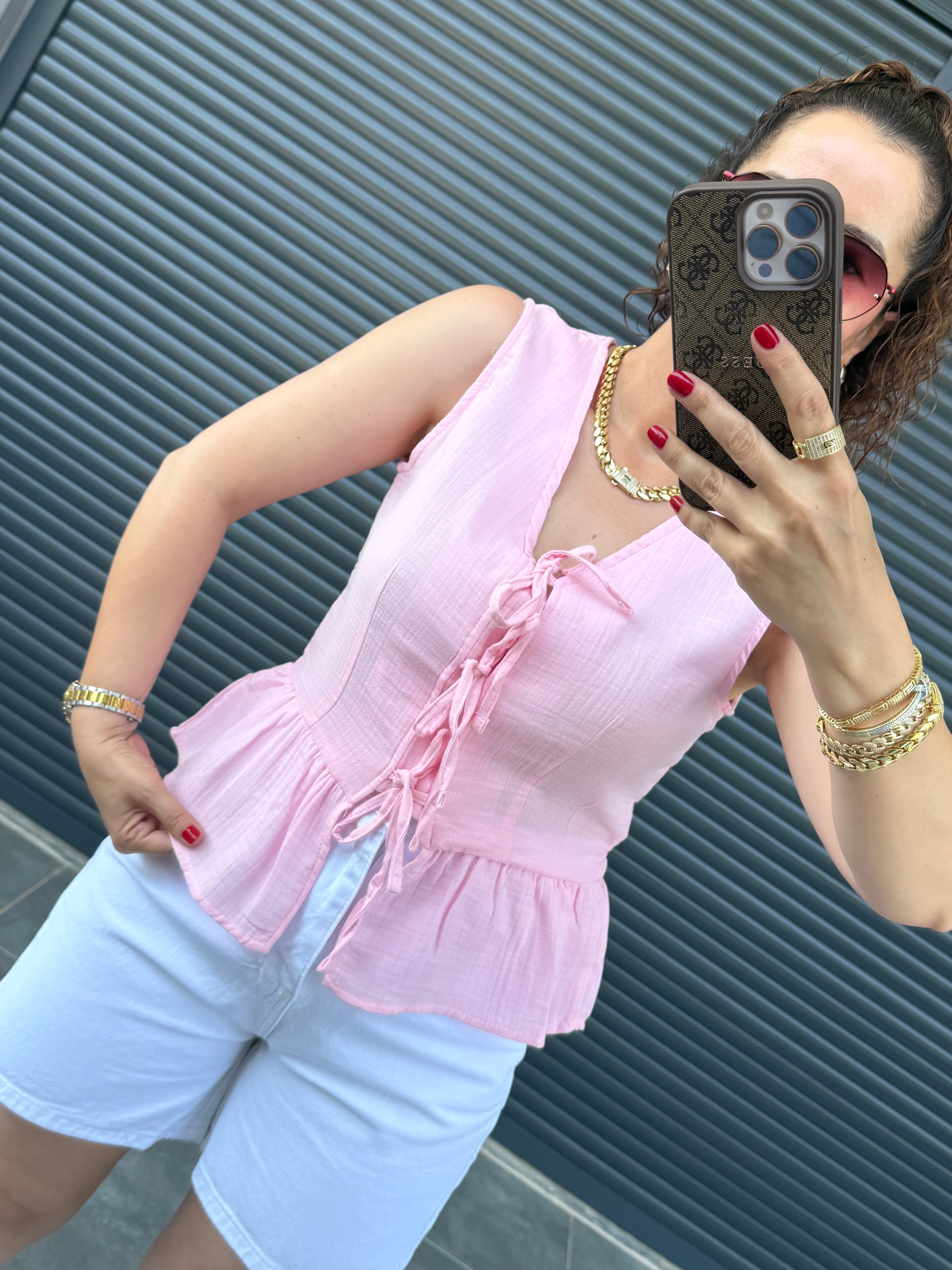 Premium Müslin Önü Fiyonklu Bluz Pembe