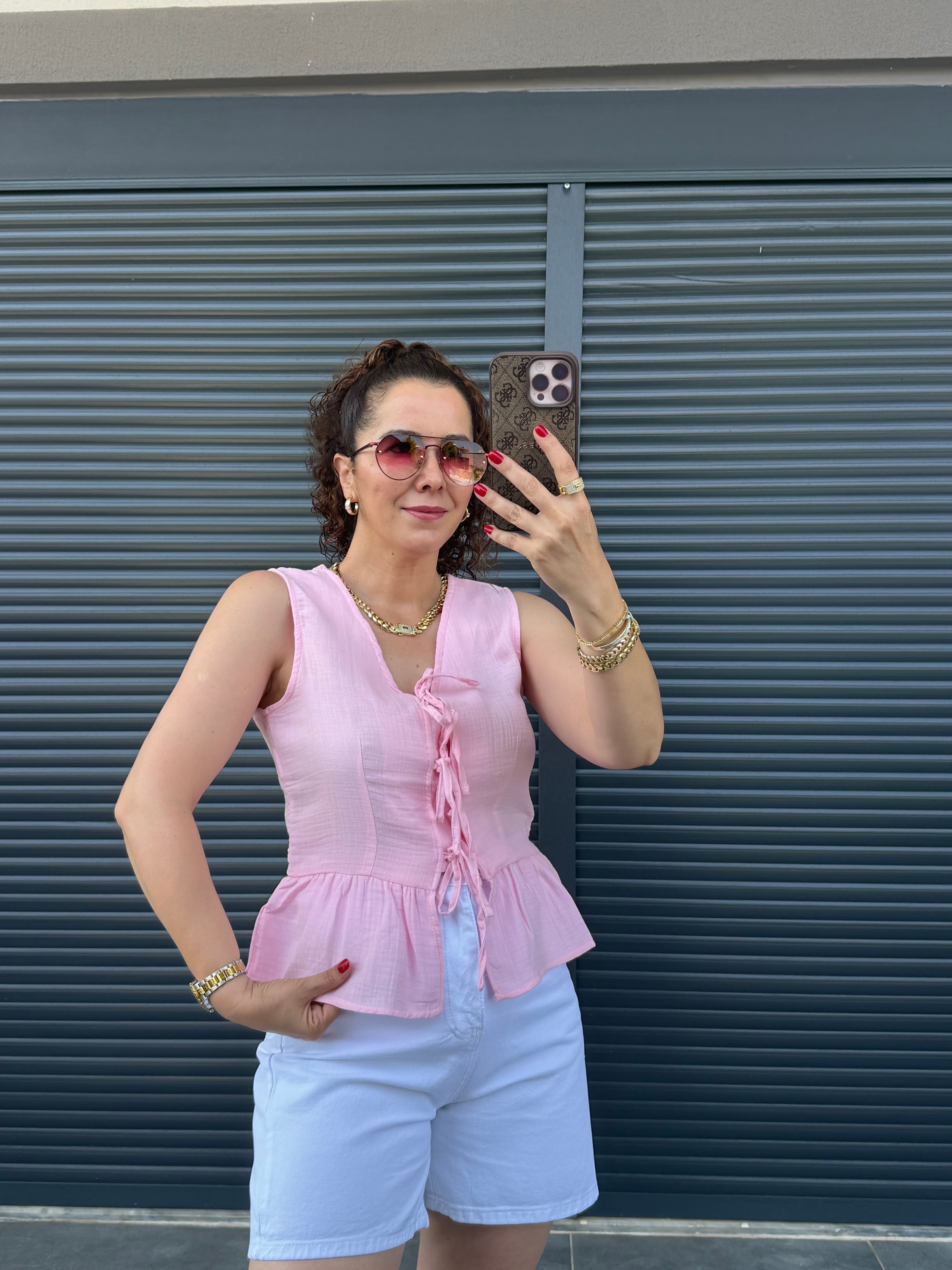 Premium Müslin Önü Fiyonklu Bluz Pembe