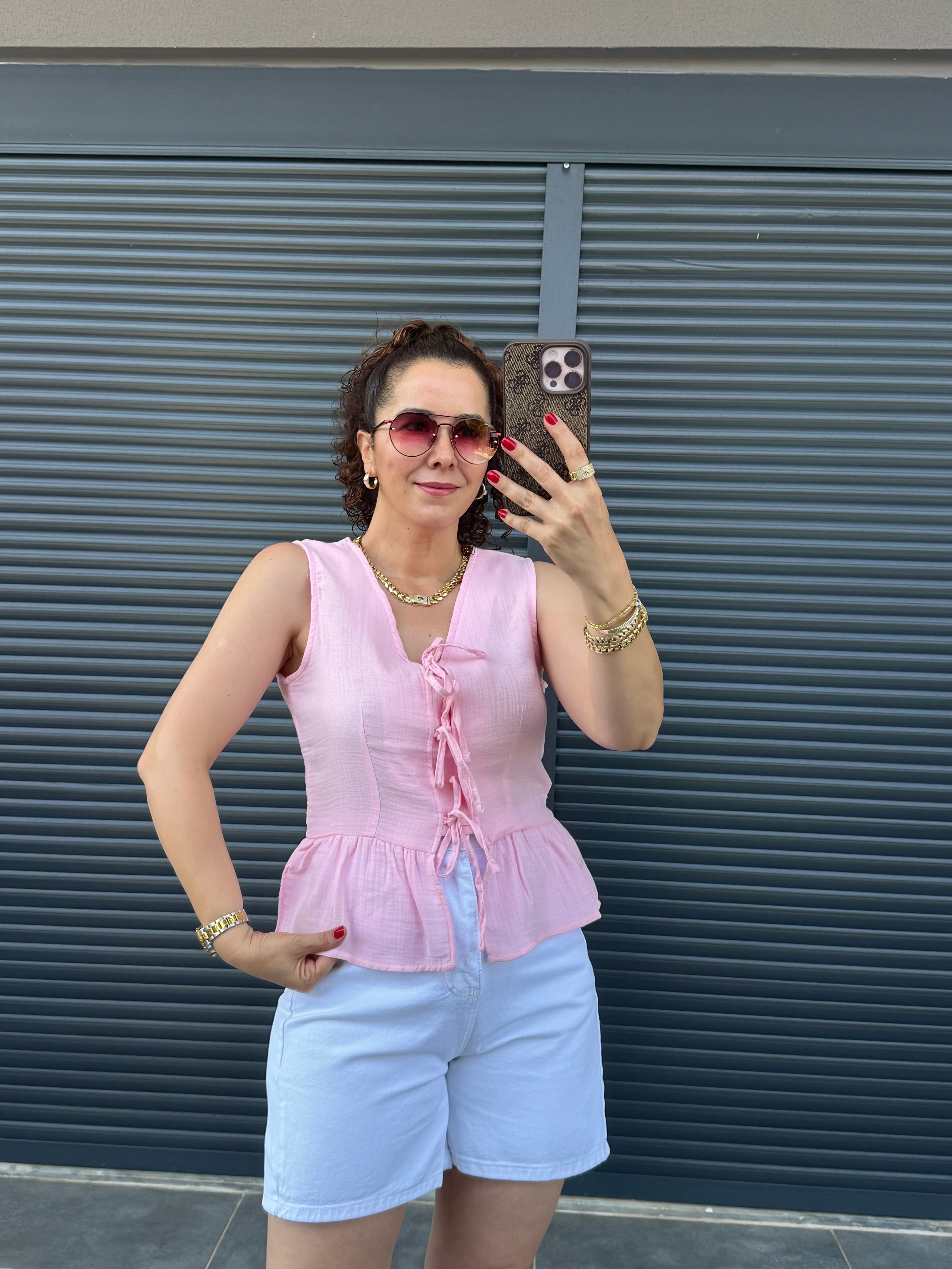 Premium Müslin Önü Fiyonklu Bluz Pembe