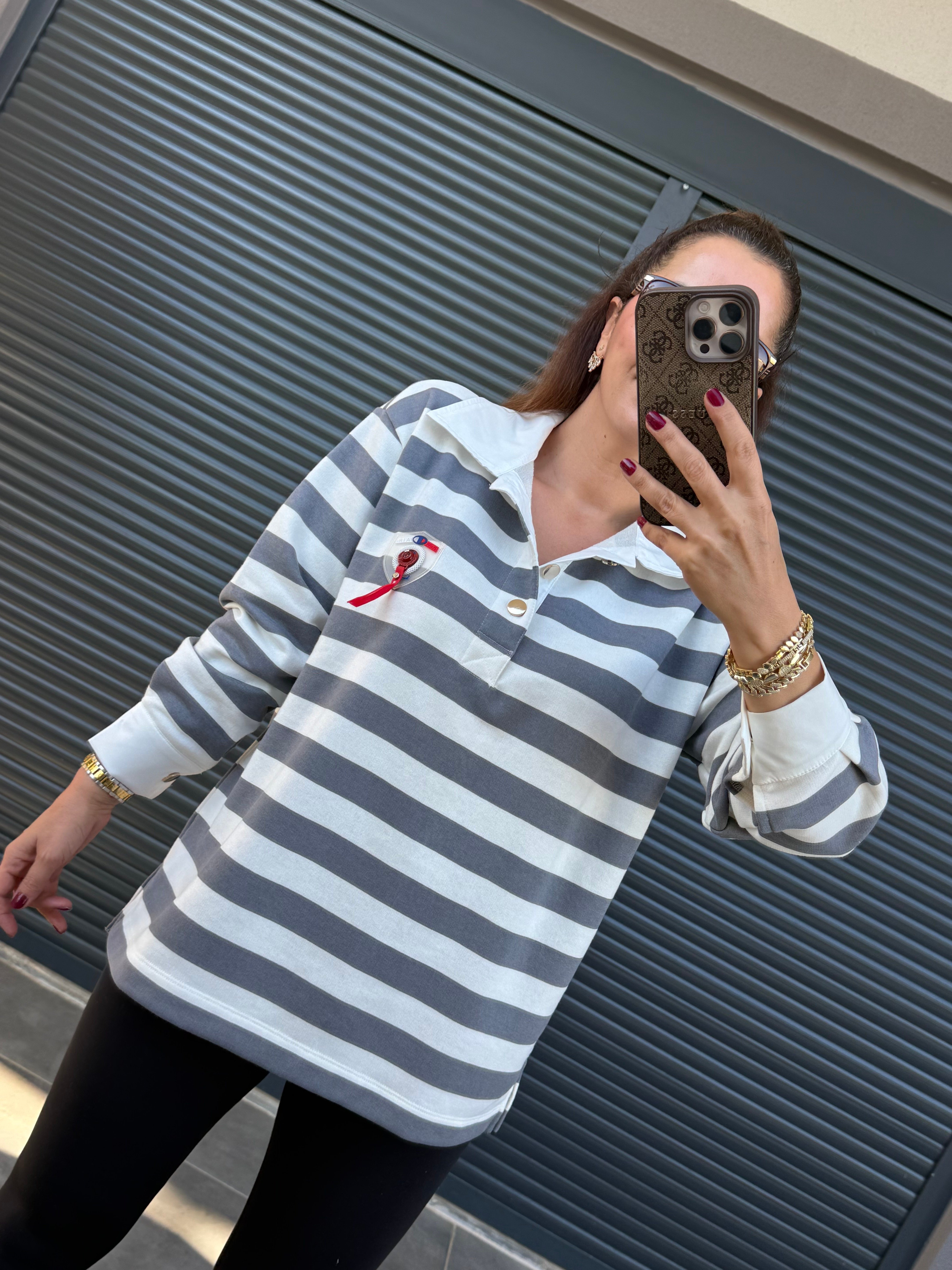Premium Polo Yaka Arma Detaylı Sweat Gri