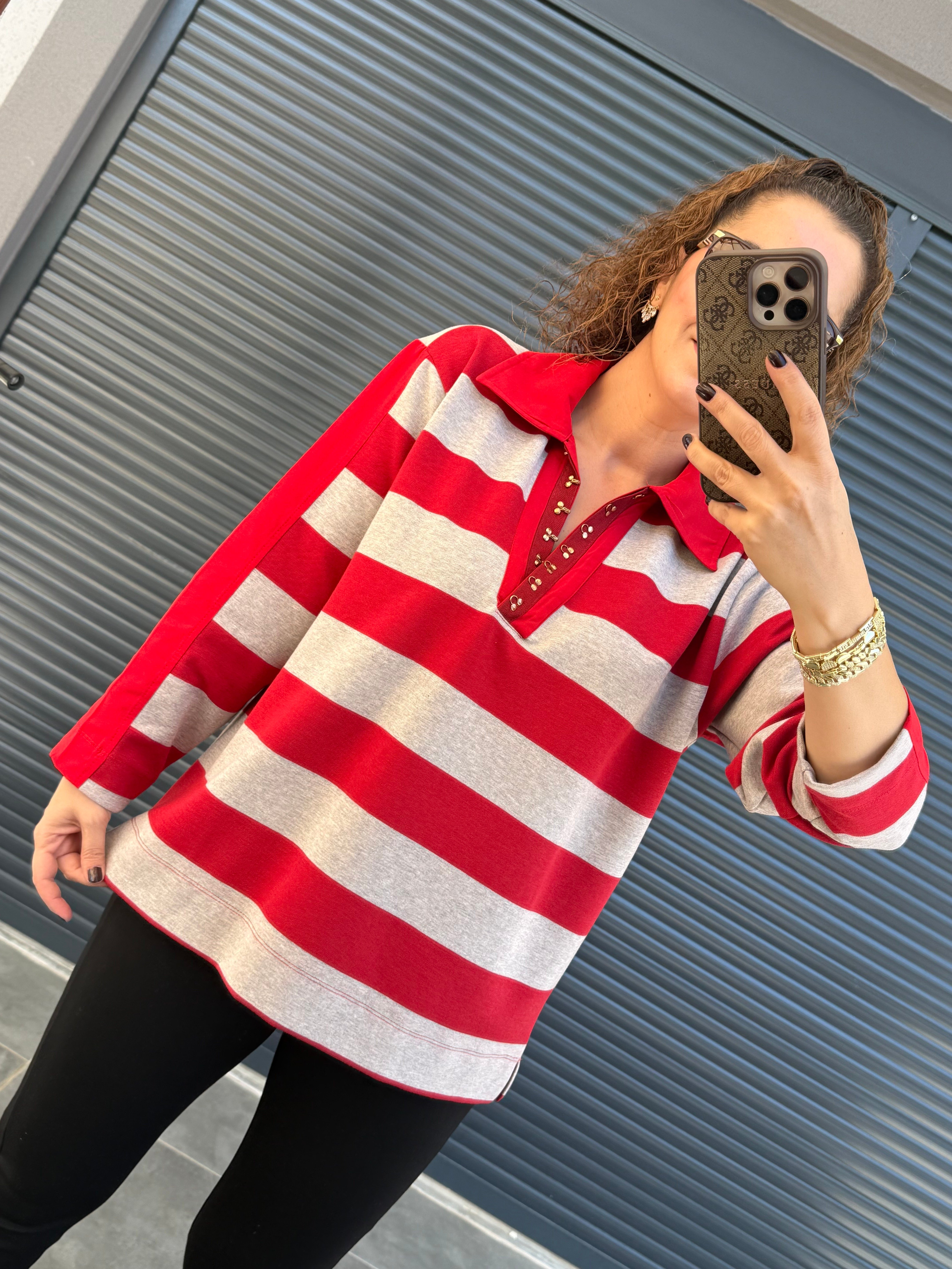 Premium Polo Yaka Çizgili Sweat Kırmızı