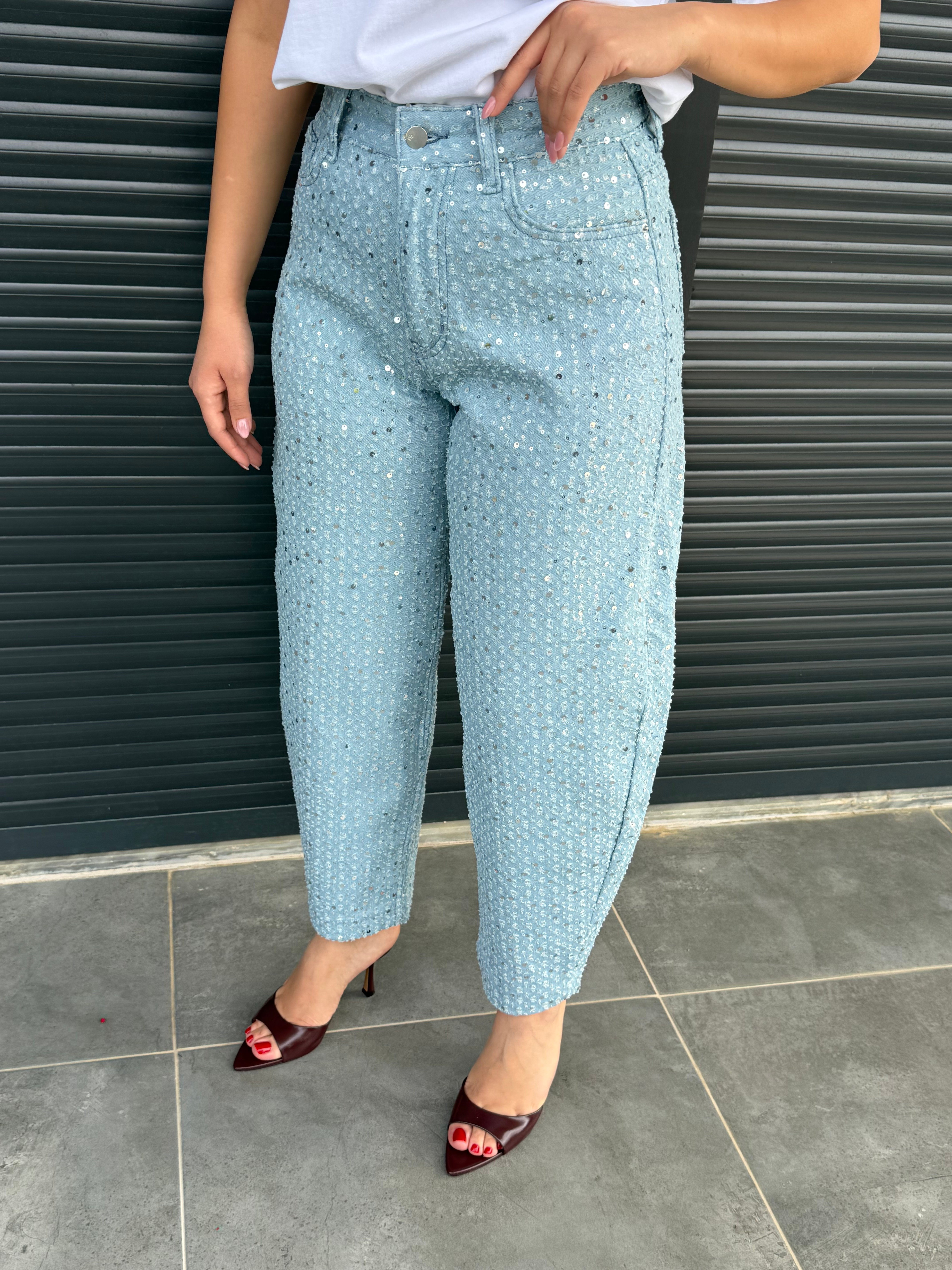 Premium Pullu Balon Jean Açık Mavi