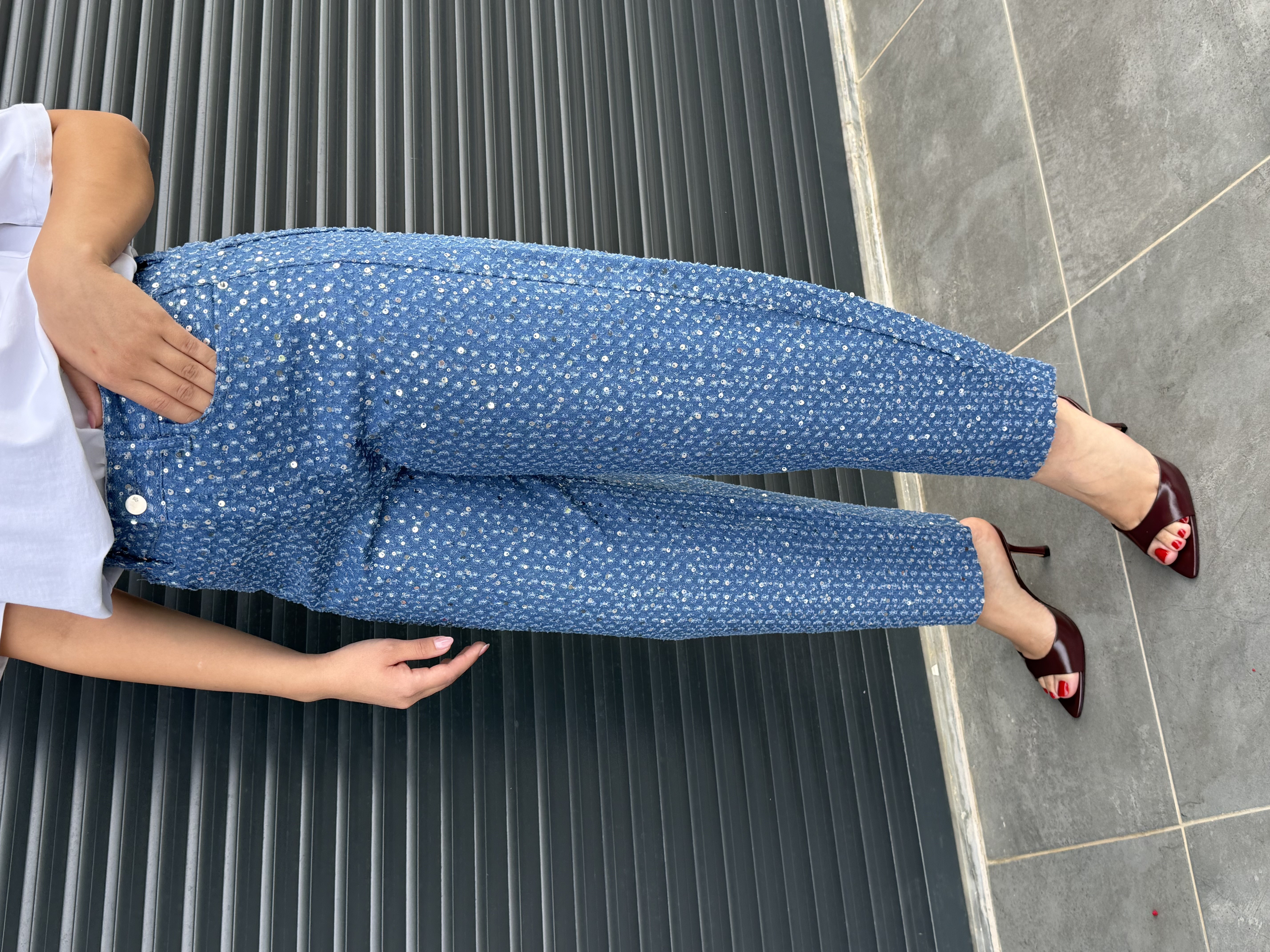 Premium Pullu Balon Jean Koyu Mavi